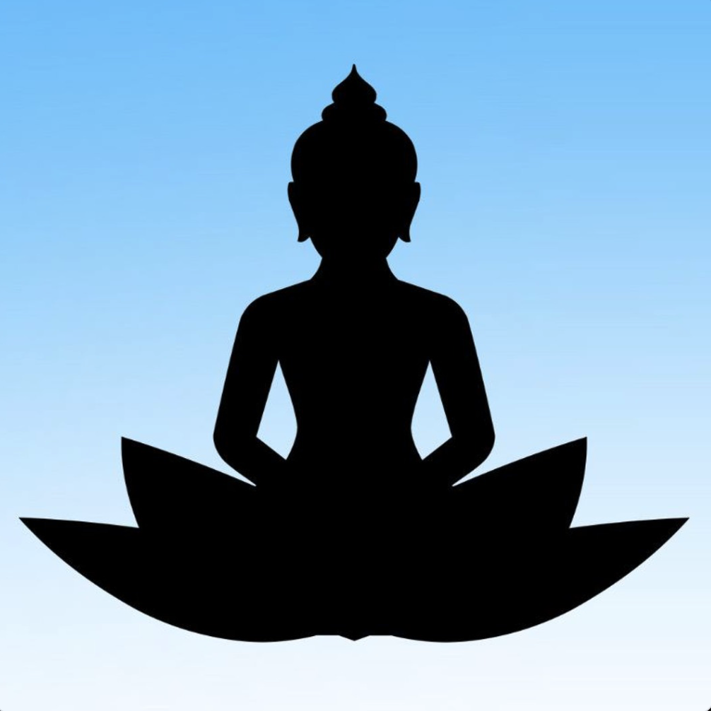 Silhouette of a person in a meditative pose sitting cross-legged on a lotus flower, against a blue sky background.