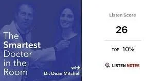 Book cover titled 'The Smartest Doctor in the Room' by Dr. Dean Mitchell, featuring a man and woman in professional attire.