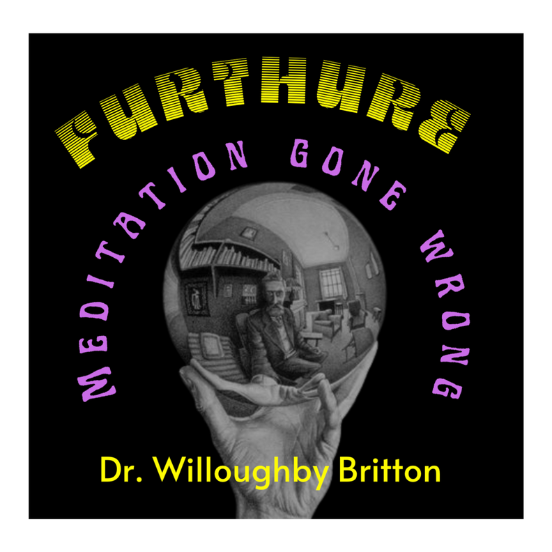 A black background featuring a circular illustration of a man sitting in a room, reflected in a globe held by a hand. Text surrounding the globe reads 'FURTHURB' in yellow and 'MEDIATION GONE WRONG' in purple; at the bottom, yellow text states 'Dr. Willoughby Britton'.