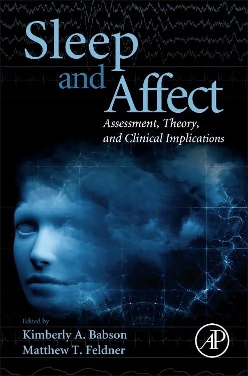 Book cover titled "Sleep and Affect" with an image of a person's face blending into clouds and abstract patterns, with a blue and black color scheme.
