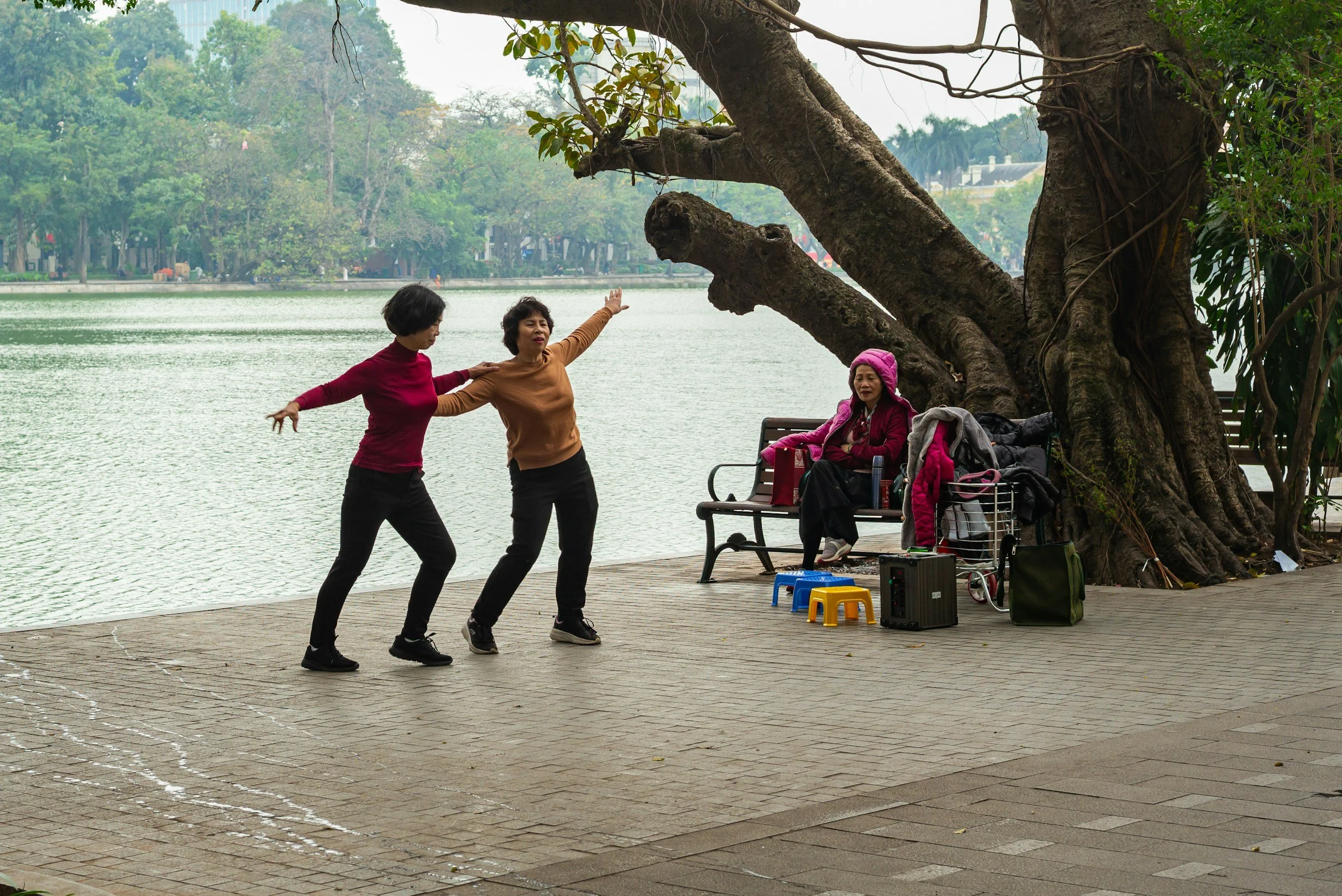 Two women dancing by a lakeside, with a seated woman watching them dance.