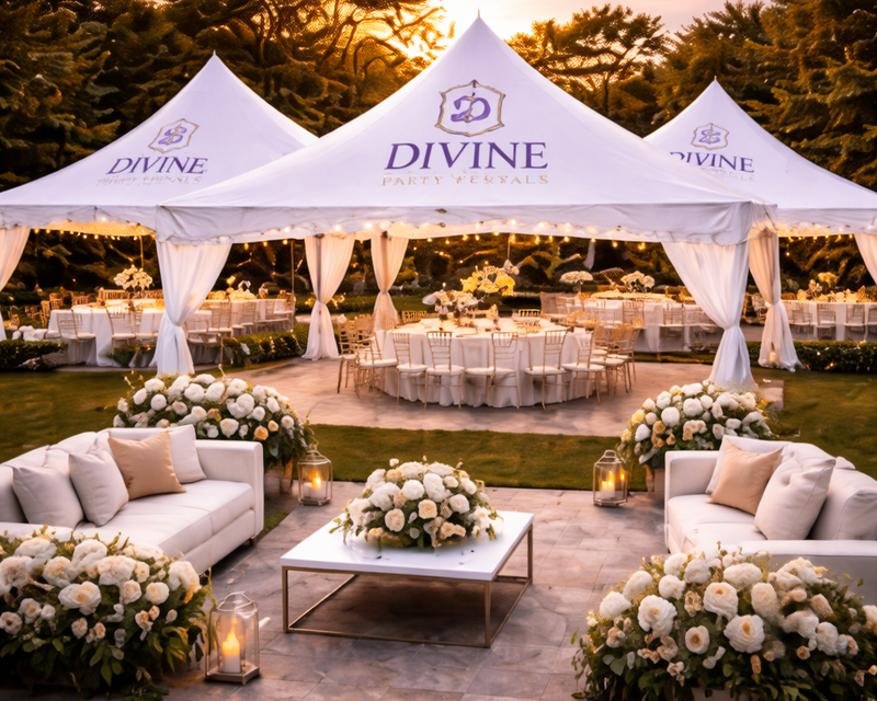 Elegant outdoor event setup under a white canopy with purple branding for Divine Party Rentals, including decorated tables, flower arrangements, and lanterns for lighting.