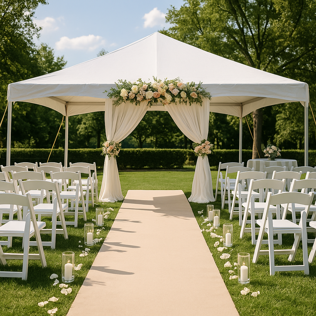 An outdoor wedding setup with a white tent, arranged chairs, a beige aisle runner, floral arrangements, and candle lanterns on the grass.