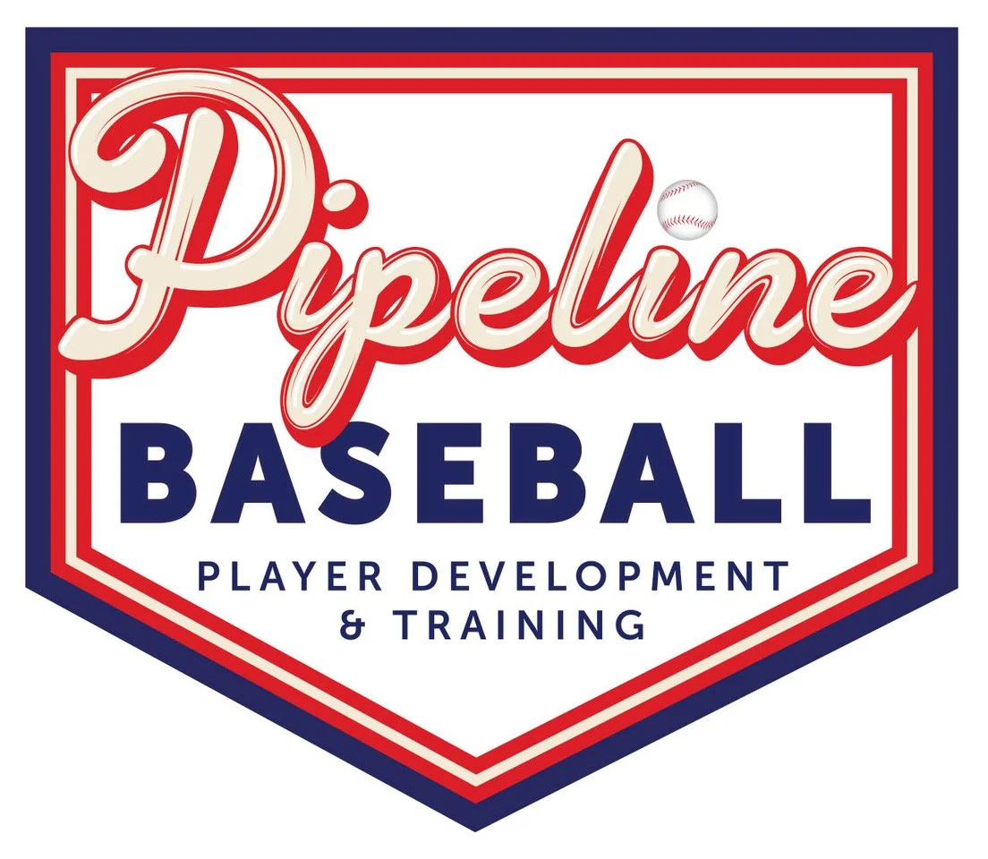 A logo for Pipline Baseball featuring a red, white, and blue shield design, with a baseball icon above the word 'Pipeline', and the text 'Baseball Player Development & Training' beneath.