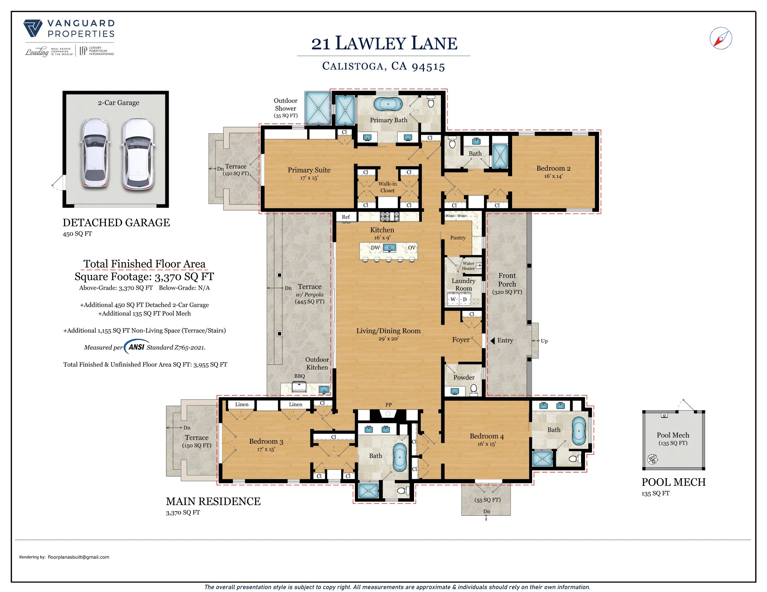 Floor plan of a main residence with labeled rooms including a living/dining room, kitchen, four bedrooms, three bathrooms, laundry room, foyer, front porch, terraces, outdoor kitchen, and a detached garage, with additional pool mechanical room and pool area.