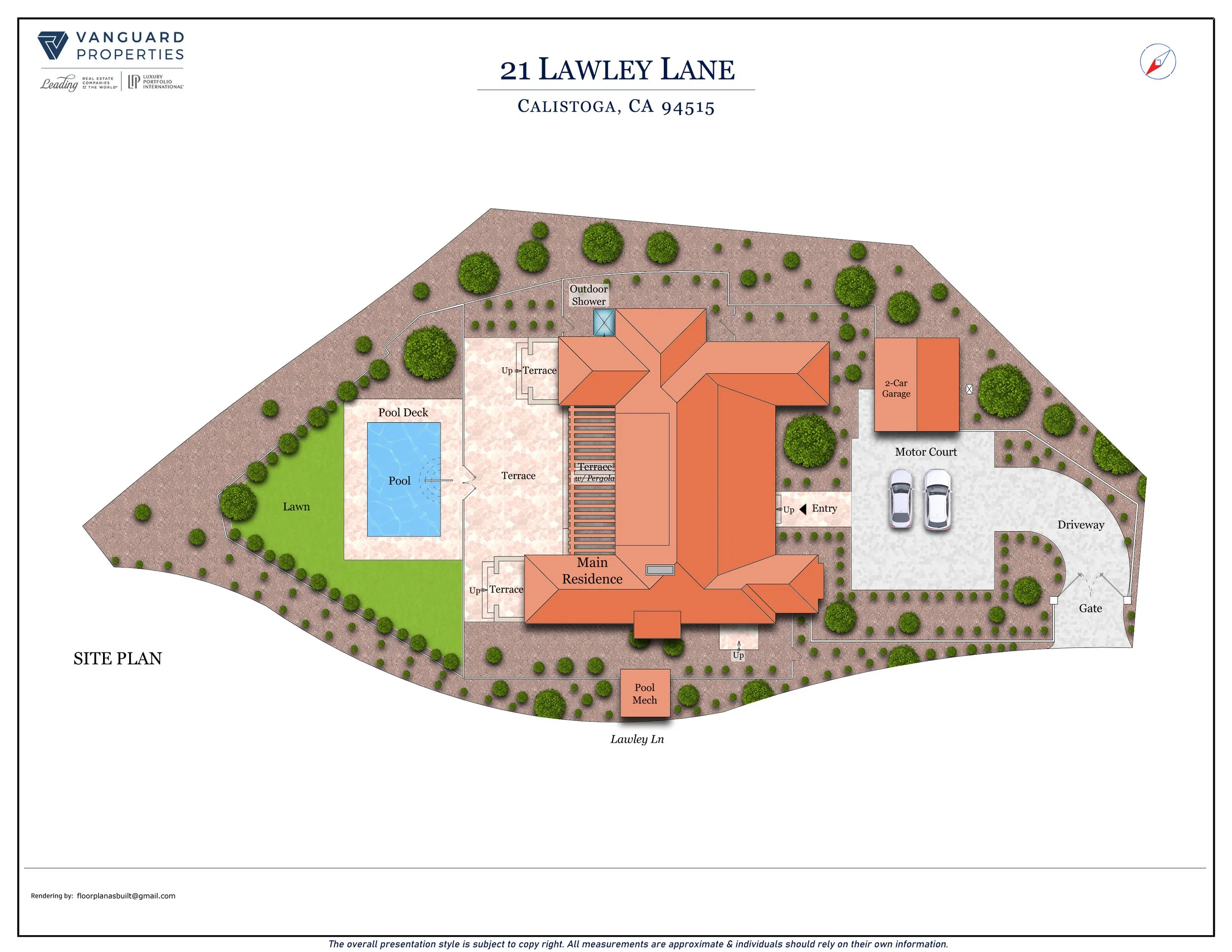 Site plan of a property with a main house, pool, lawn, garage, driveway, pool deck, outdoor shower, and surrounding trees and landscaping.