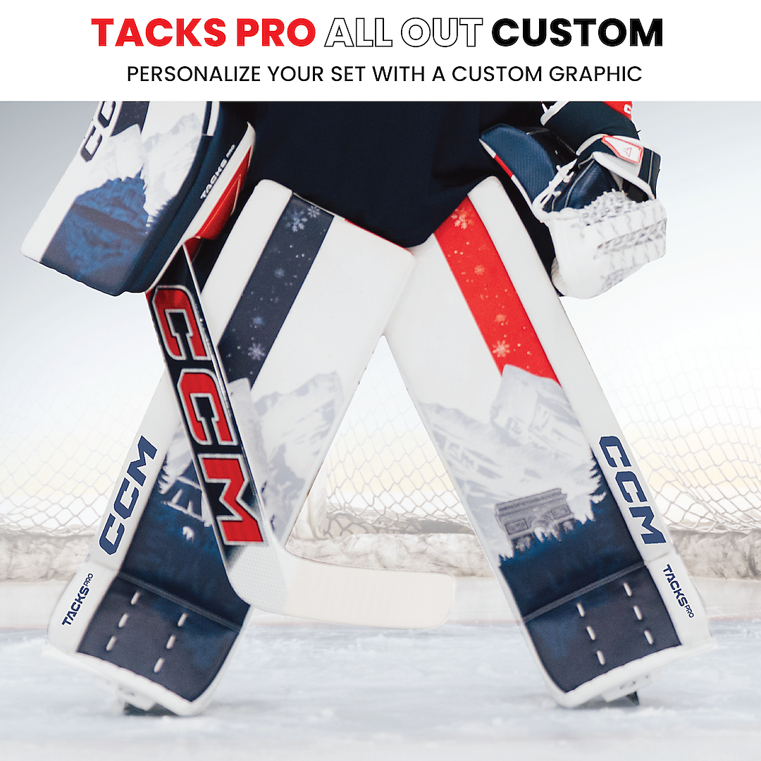 Ice hockey goalie in full gear on ice rink, with custom graphic leg pads displaying mountain and snowflake designs.