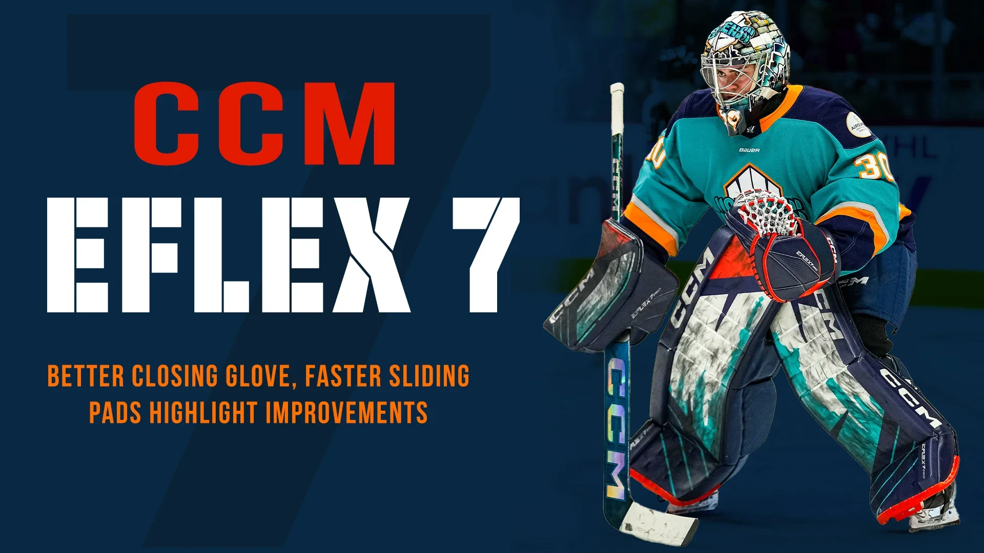 Hockey goalkeeper in teal and navy gear, skate on ice rink, holding goalie stick, text promoting HEXX 7 CCM hockey pads with features like better closing glove, faster sliding, and highlight improvements.