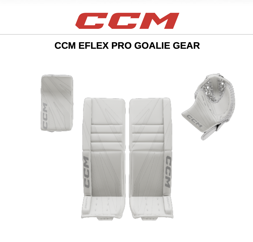 A set of white CCM EFlex Pro goalie gear, including leg pads, blocker, and catcher gloves, displayed on a plain background.