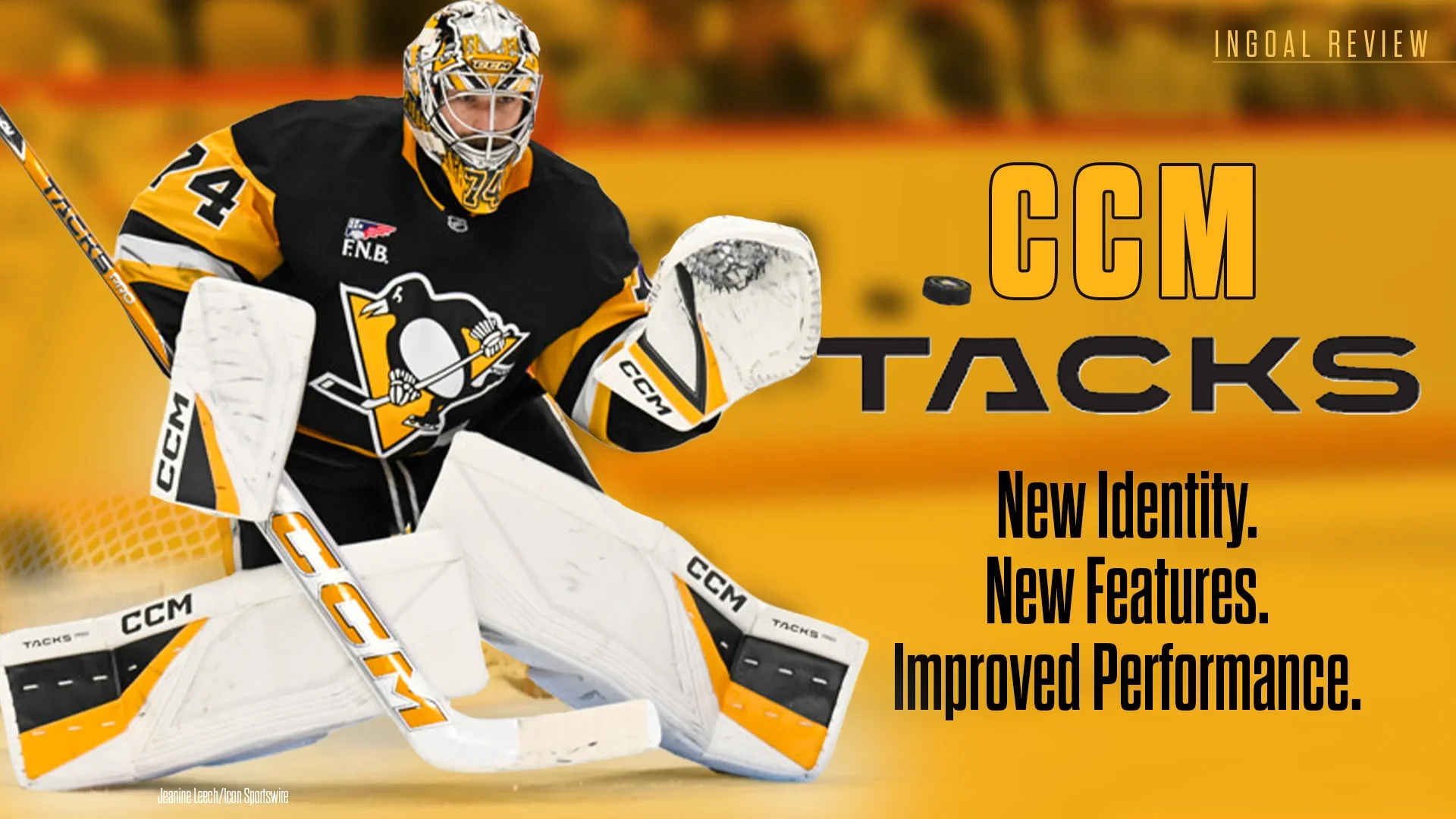 An ice hockey goalie in black and yellow uniform making a save on the ice rink with a yellow background, overlaid with text promoting new features and improvements for CCM Tacks hockey equipment.