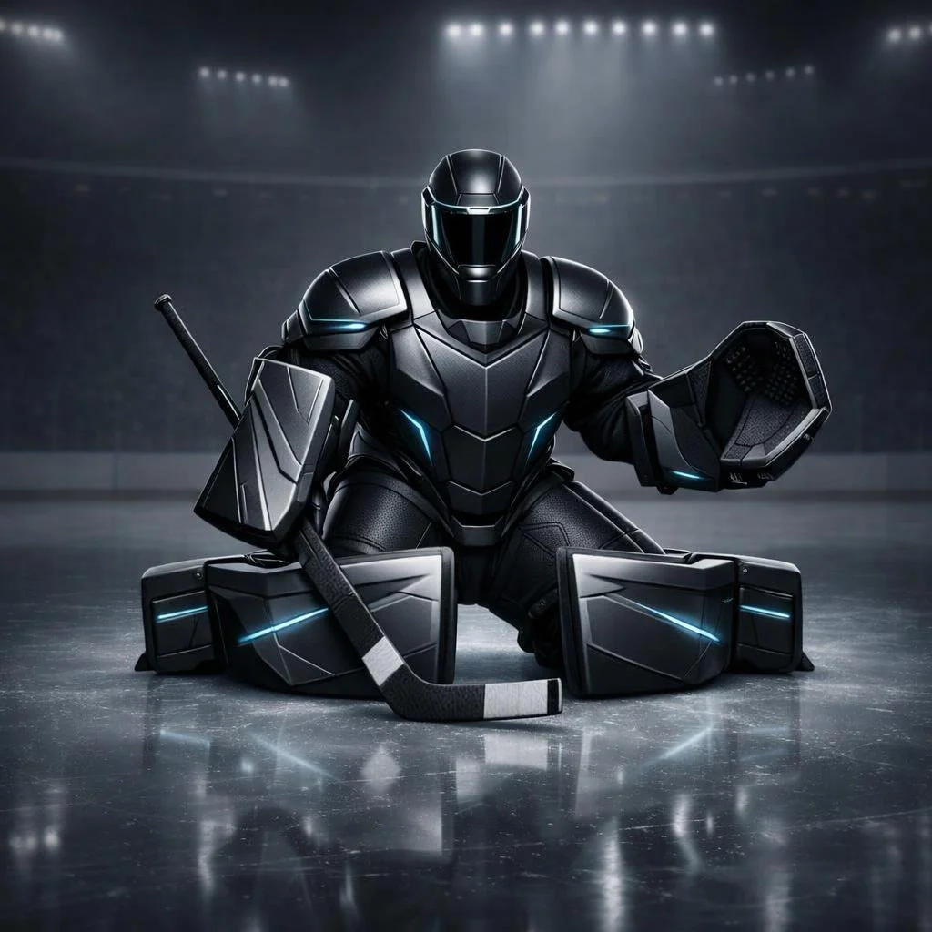 A futuristic hockey goalie in black armor with glowing blue accents, kneeling on the ice rink with a helmet, gloves, and pads, holding a goalie stick and a block, with a dark stadium background and bright overhead lights.