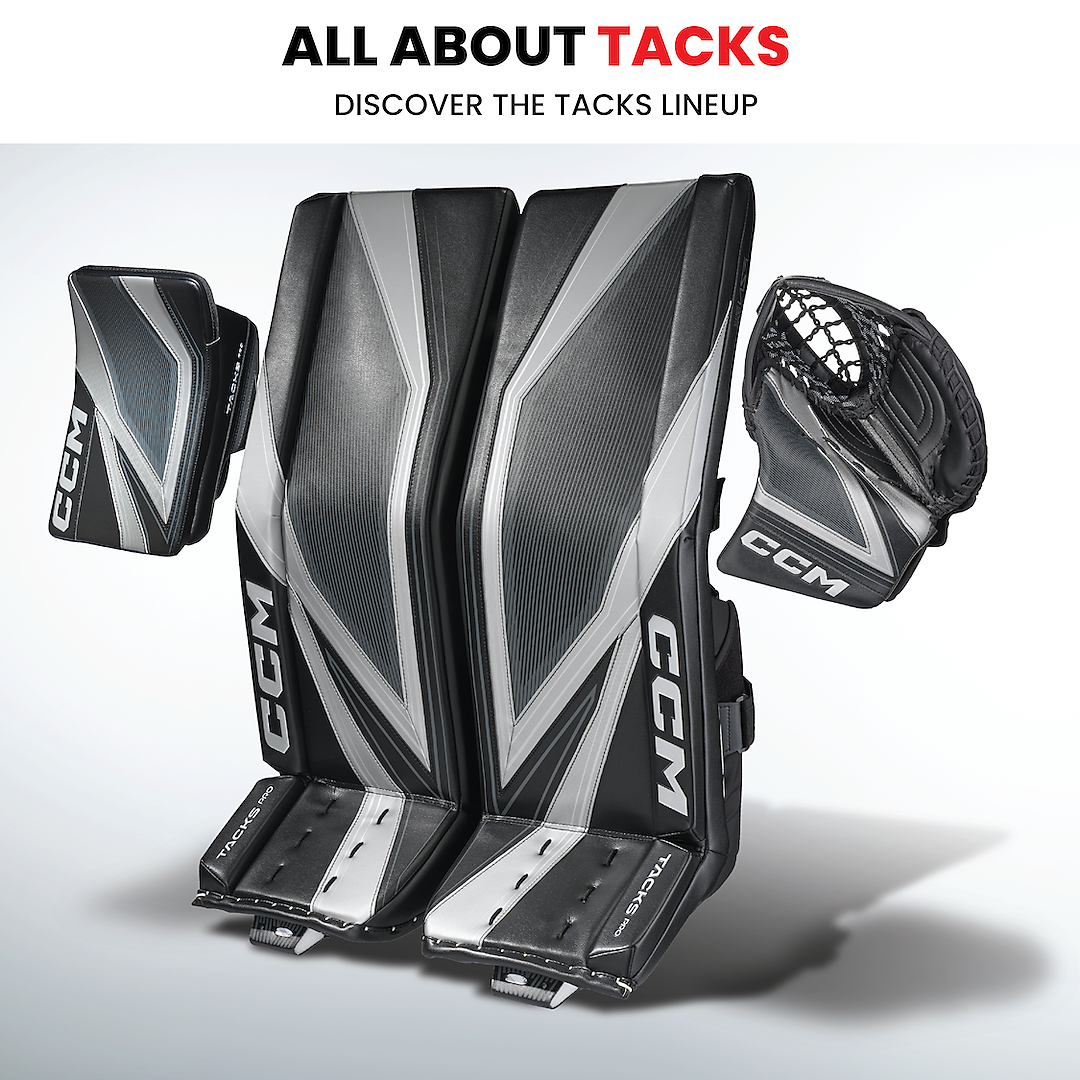 Hockey goalie equipment set including leg pads, blocker, and glove displayed against white background with text "All About Tacks" and "Discover the Tacks Lineup."