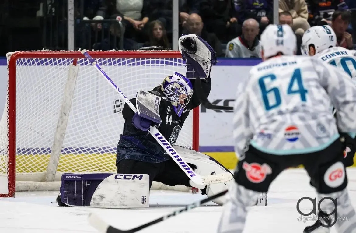 A hockey goalie in black and purple gear makes a save in front of the net, with players and spectators watching in the background.