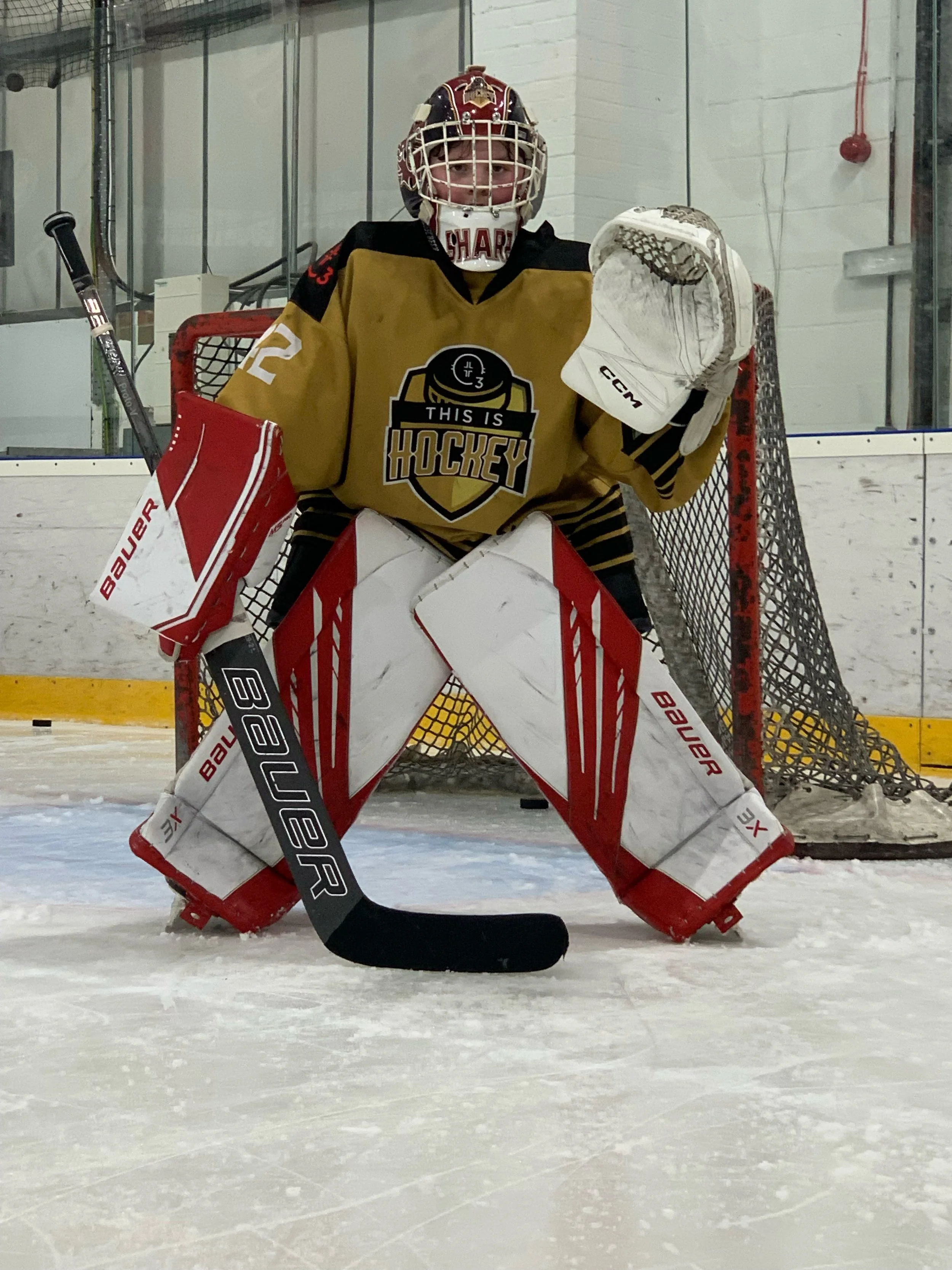 An ice hockey goalie standing in front of the net on the ice rink, wearing a black and gold jersey, red and white leg pads, a white glove, and a helmet with a cage, holding a hockey stick.