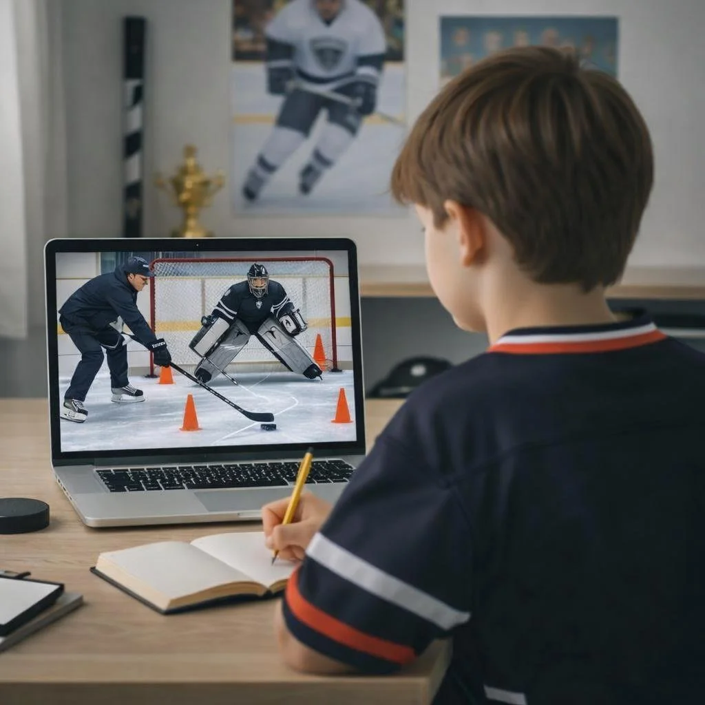 A boy watching a hockey training video on a laptop, taking notes in a notebook with hockey posters in the background.