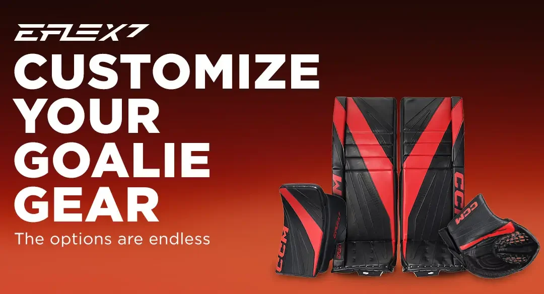 Ice hockey goalie gear, including leg pads, a glove, and a blocker, with red and black design, against a red to black gradient background.