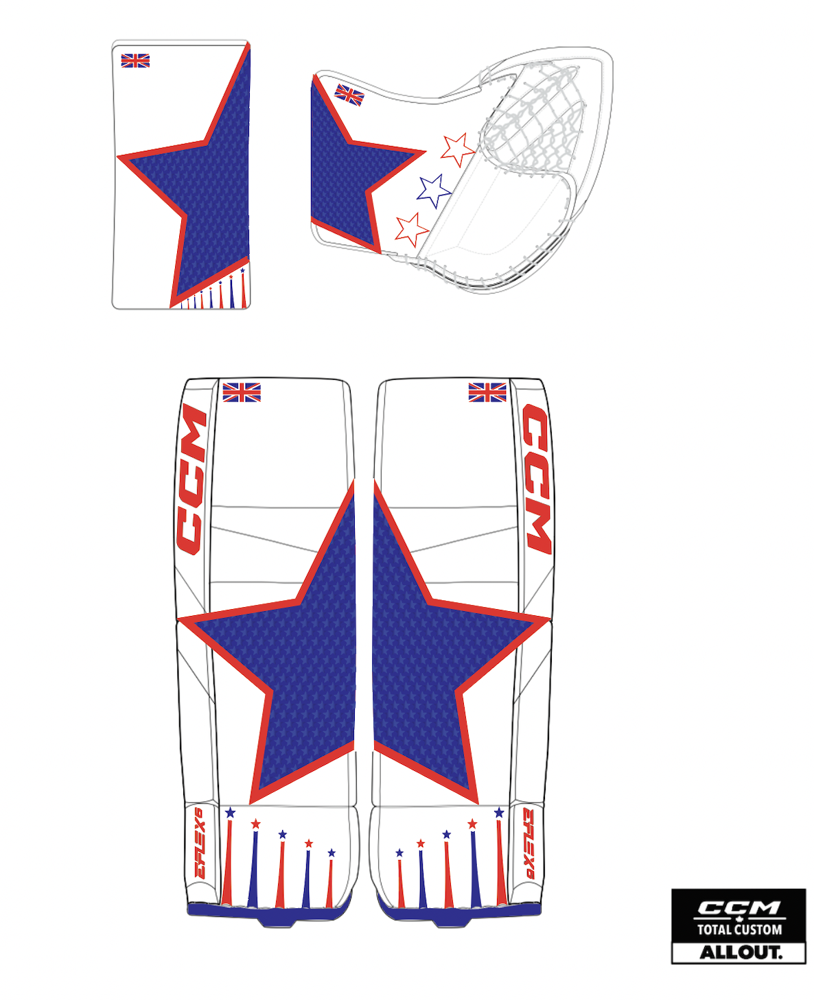 Design sketch of CCM all-out hockey goalie pads featuring a large blue star with red outline, red and white accents, and U.S. flag elements.