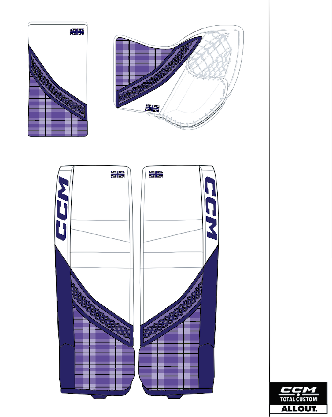 Design templates for CCM hockey goalie pads with a purple tartan pattern, Celtic knot accents, and Union Jack flags.