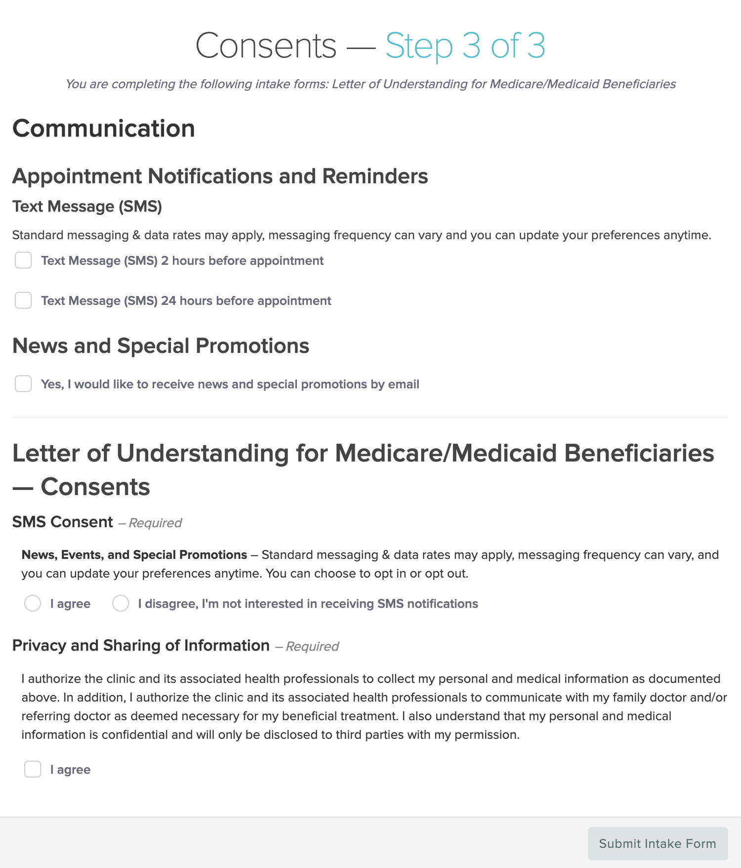 Online form titled 'Consents - Step 3 of 3' for Medicare/Medicaid beneficiaries. Sections include 'Communication', 'Appointment Notifications and Reminders' with options for SMS notifications, 'News and Special Promotions' with a checkbox, and a statement about 'Letter of Understanding'. There are signature options for consent and a 'Submit Intake Form' button.
