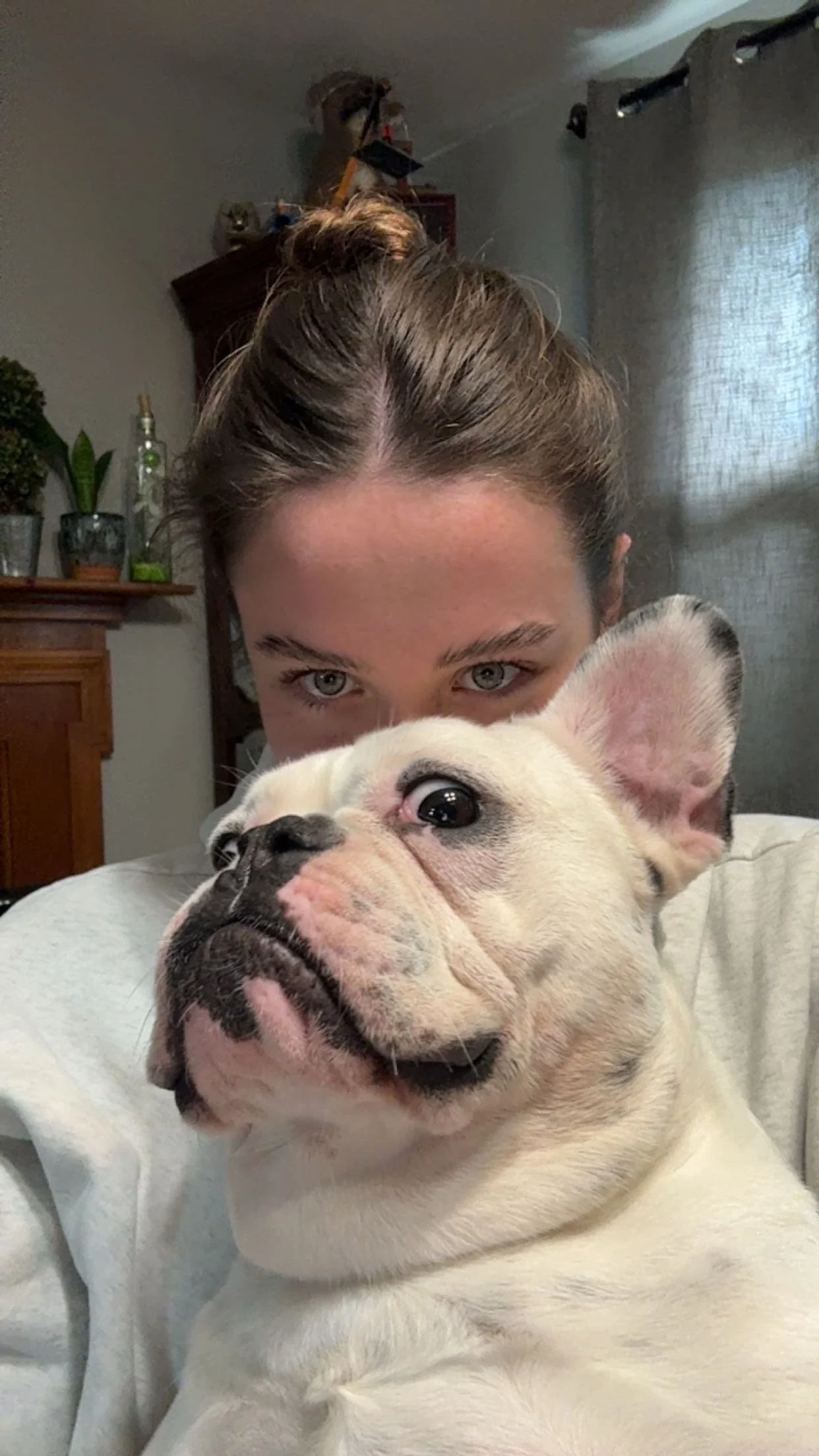 A woman with light brown hair in a bun holds a French Bulldog puppy close while taking a selfie indoors. The woman has blue eyes and is partially hidden behind the puppy, which is looking to the side.