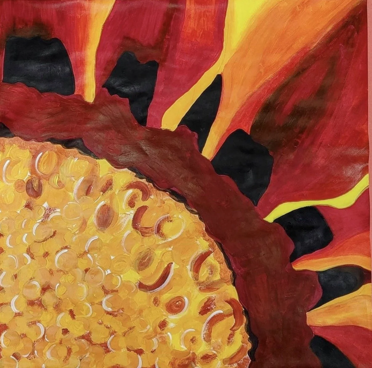 Close-up of a sunflower painting with bright yellow and orange petals, a dark brown center, and a reddish-brown petal on the side.