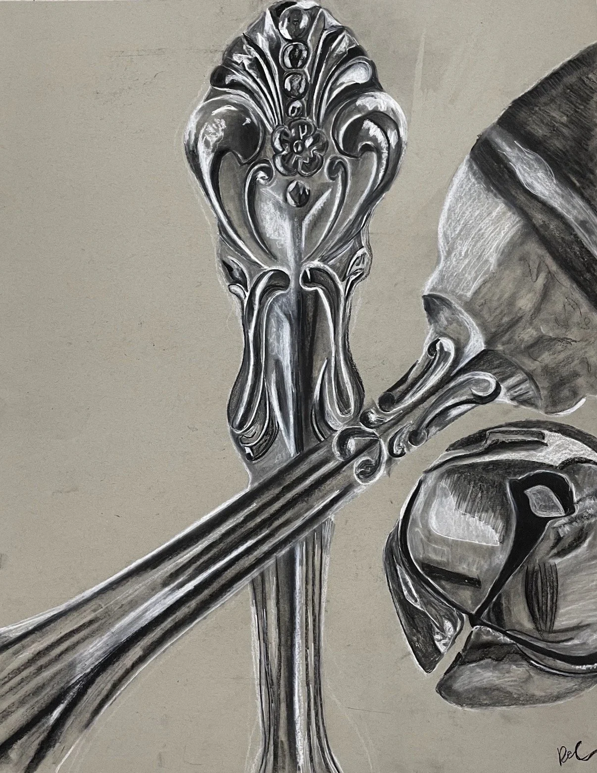 A detailed black and white charcoal sketch of spoons and a bell. 