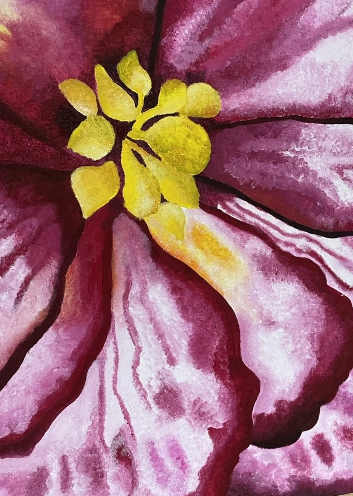 Close-up painting of a pink and white striped flower with yellow reproductive structures at the center.