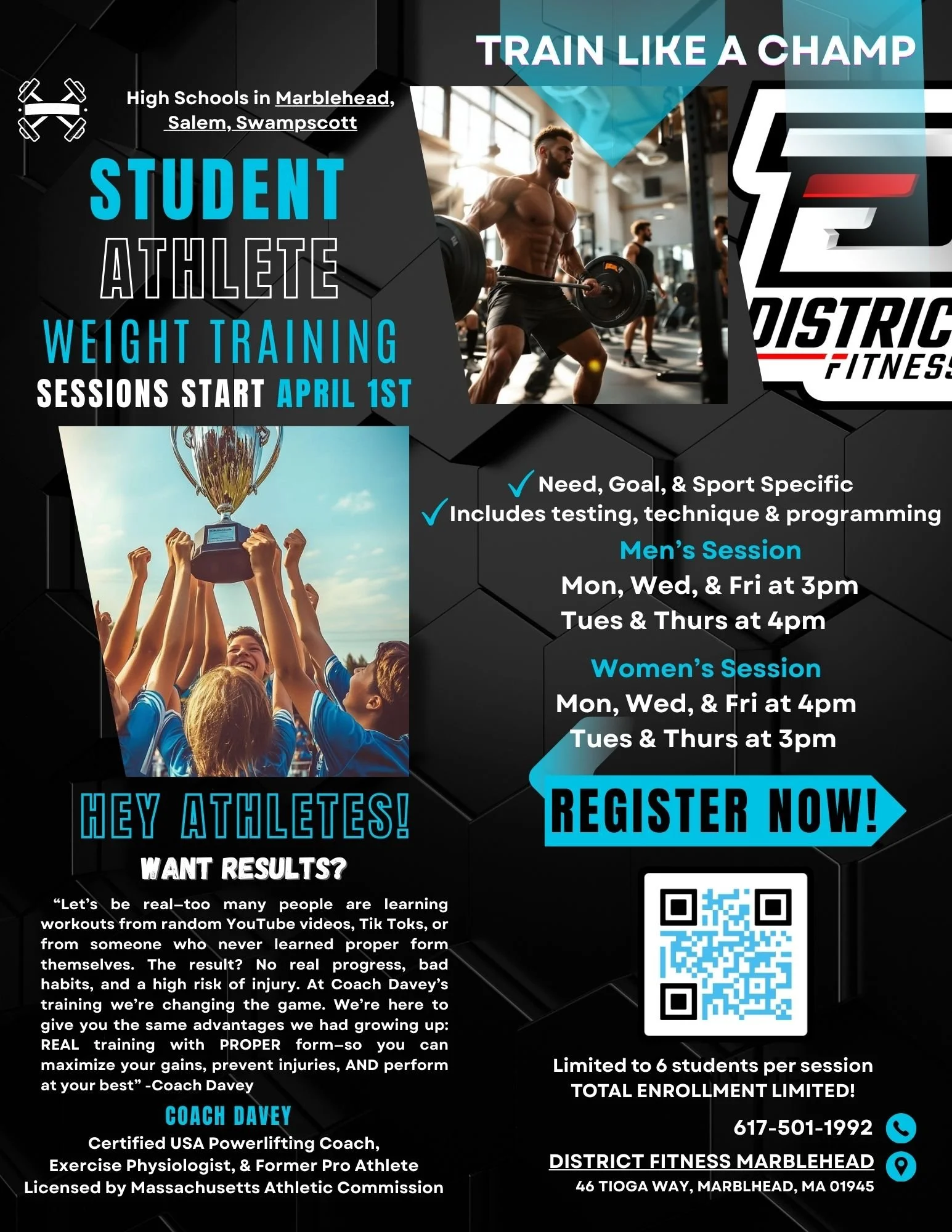 Experimented with freelance work. I supported a local strength training business to market their programs to athletes around the area - from concept to training launch. 