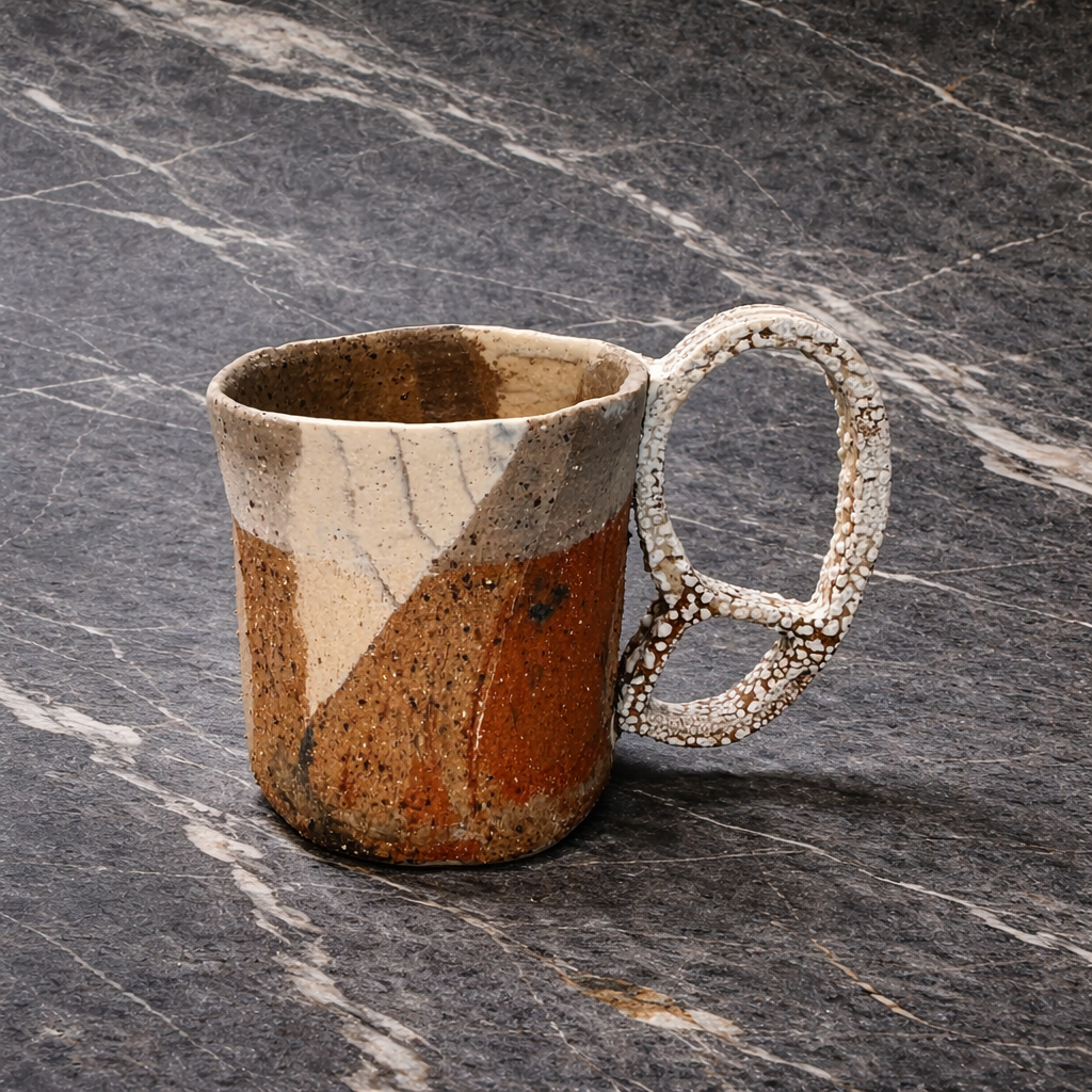 Earthy ceramic mug on marble surface.png