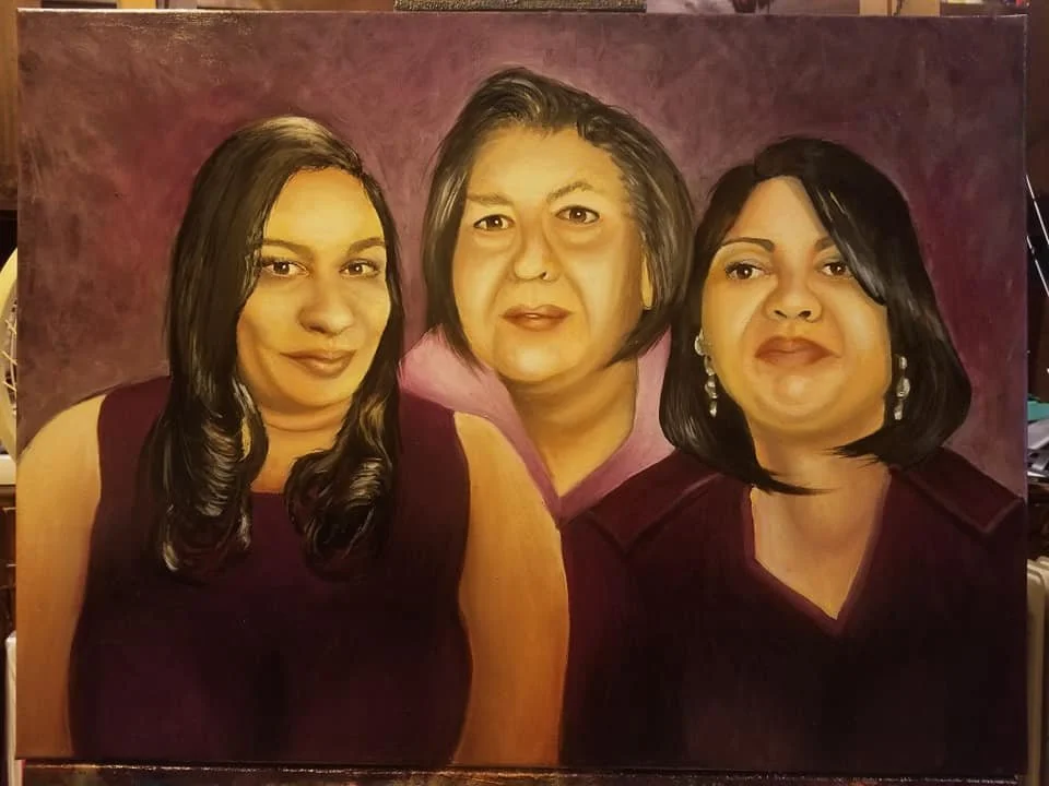 Painting of three women with dark hair, wearing dark tops, against a purple background.