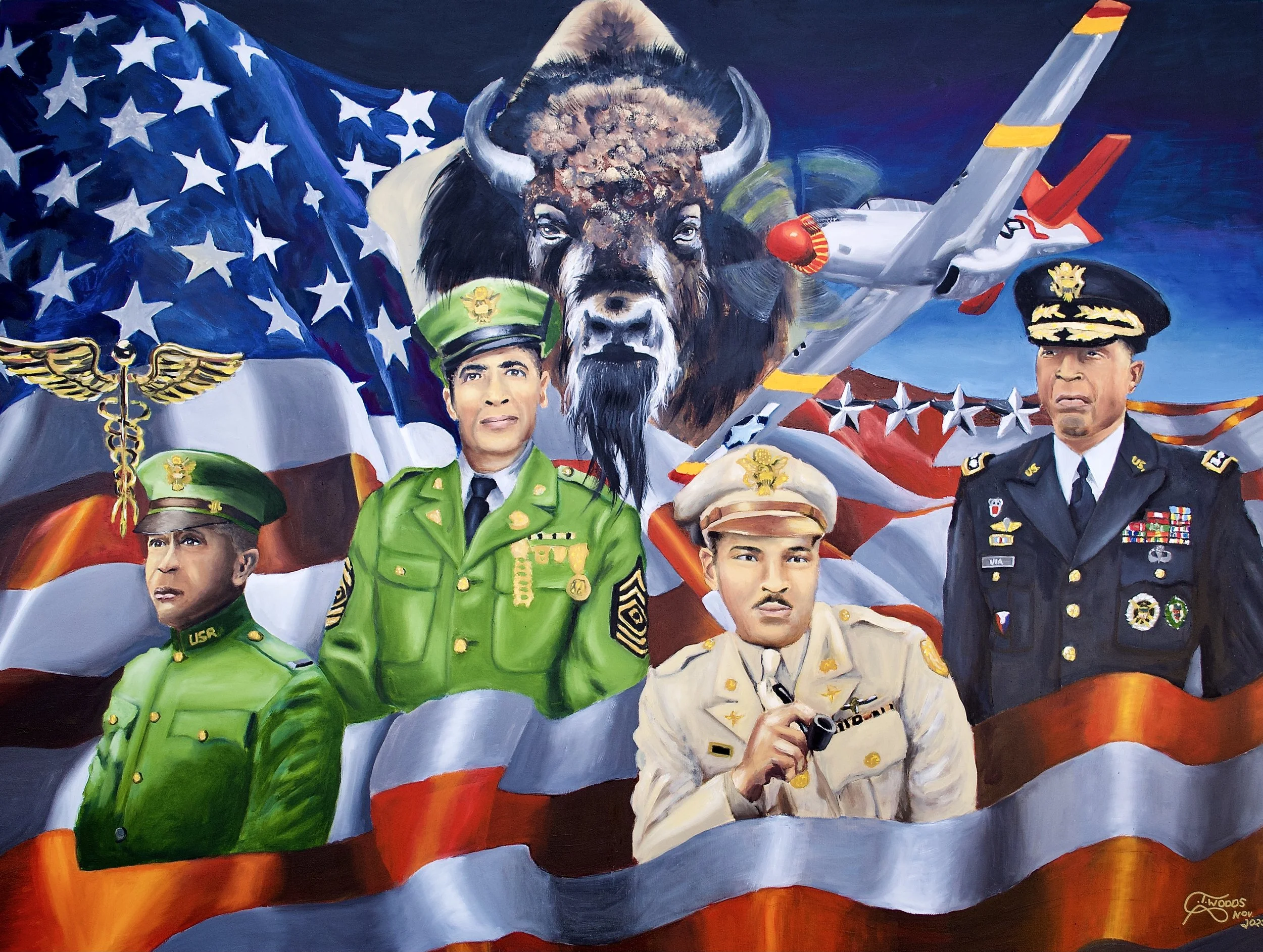 A painting featuring four military officers in uniform, a large buffalo head with horns, a fighter jet, and an American flag with stars and stripes in the background.