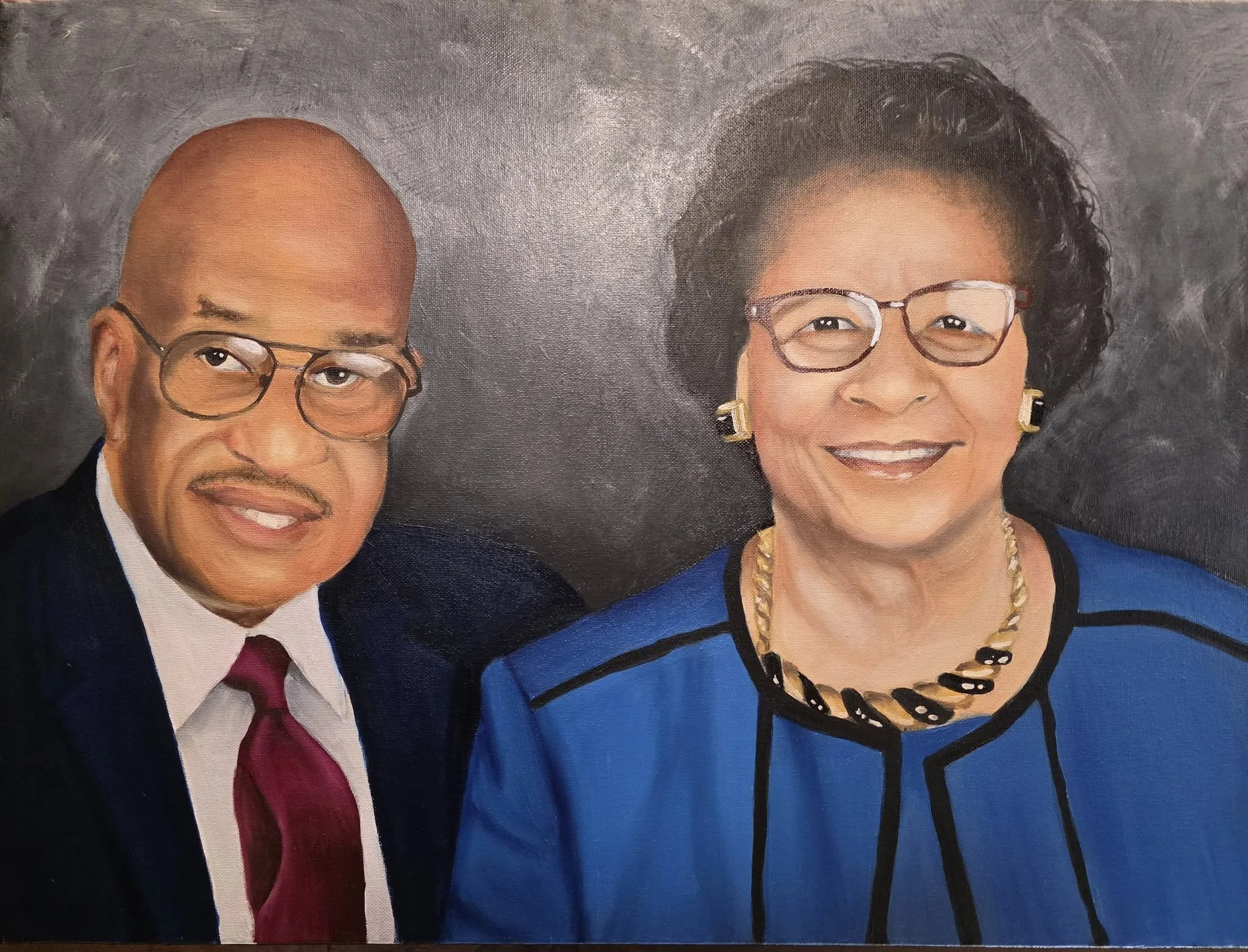 Portrait painting of a man in a suit with a red tie and a woman in a blue outfit with jewelry, both wearing glasses, against a dark background.