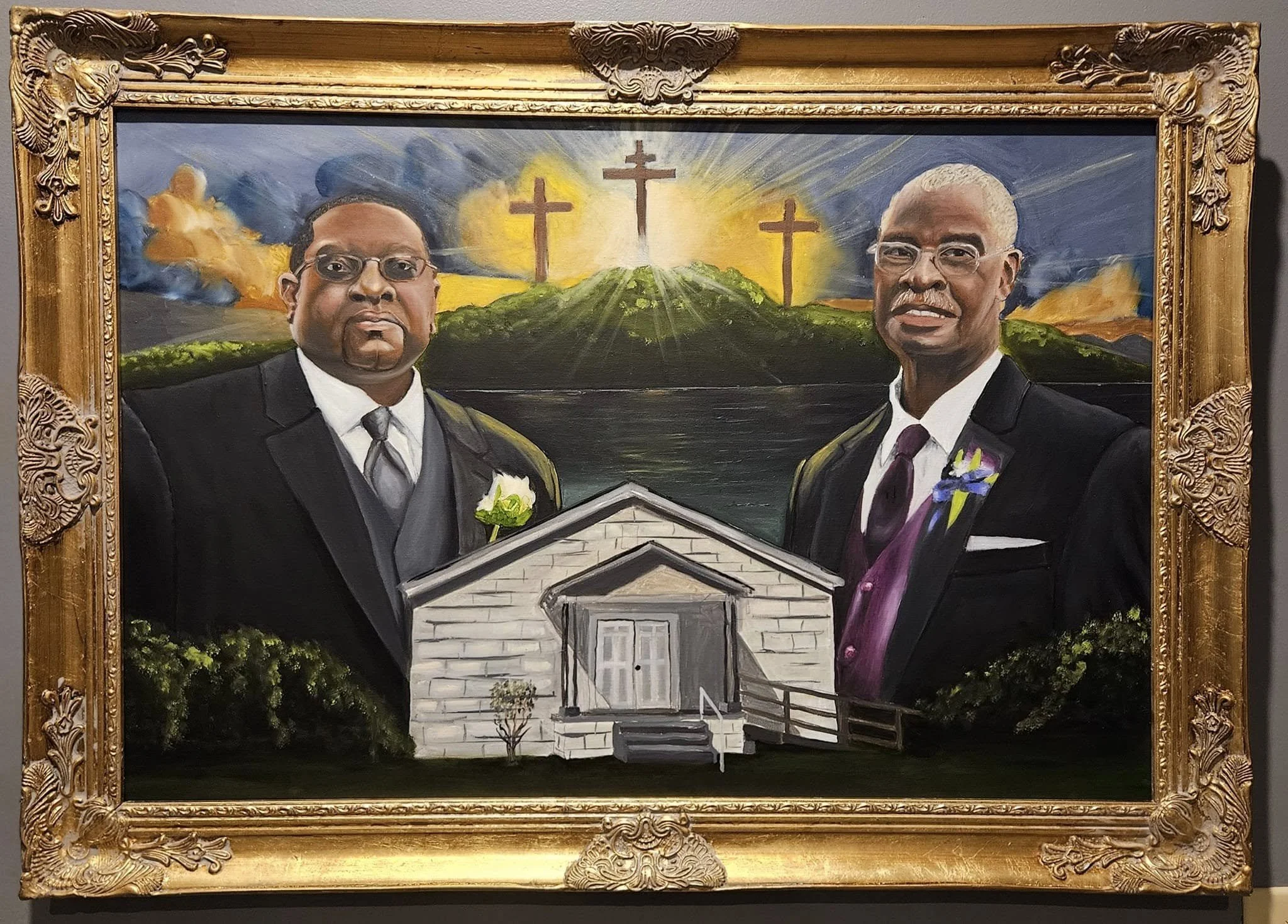 Painting of two men in suits with crosses and sunset in the background, standing in front of a church building.