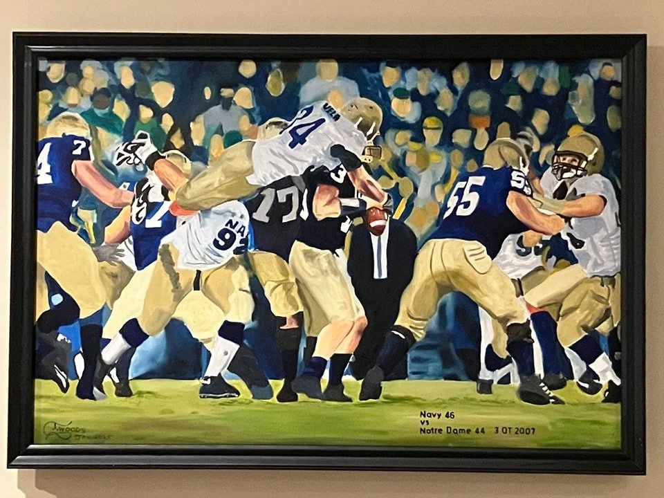 Painting of a college football game between Navy and Notre Dame with players engaged in a play on the field, dated October 3, 2007.
