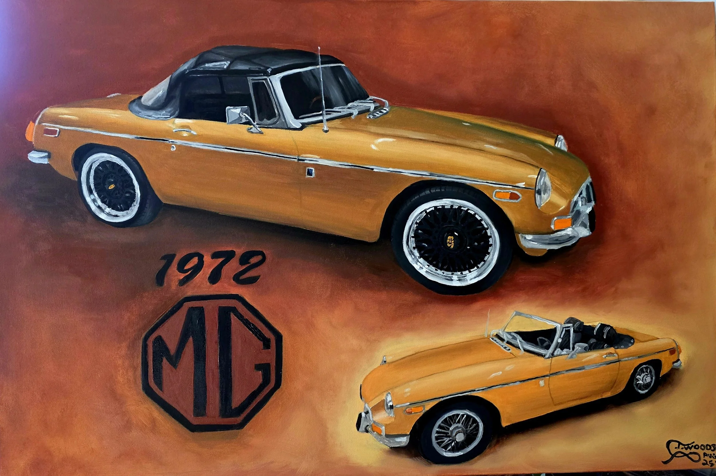 Painting of a yellow 1972 MG convertible car with black interior, against an orange background. The MG logo and the year 1972 are also depicted.