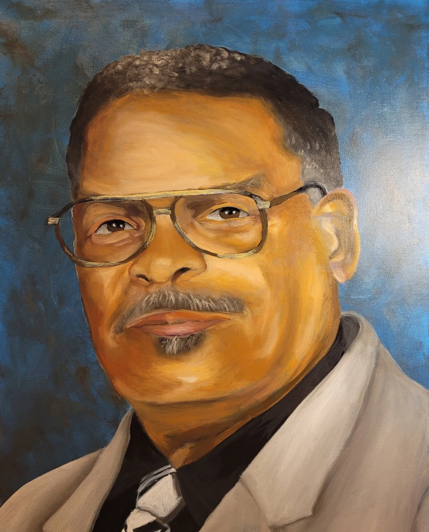 Painting of a man wearing glasses and a beige suit with a dark tie, against a blue background.