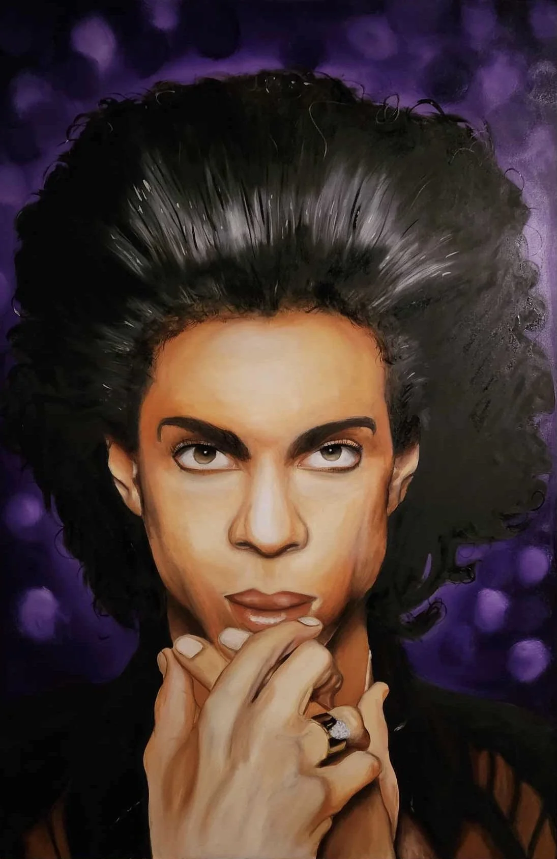 Painting of a woman with dark, voluminous hair, holding her chin with her fingers, wearing a ring, and set against a purple background.