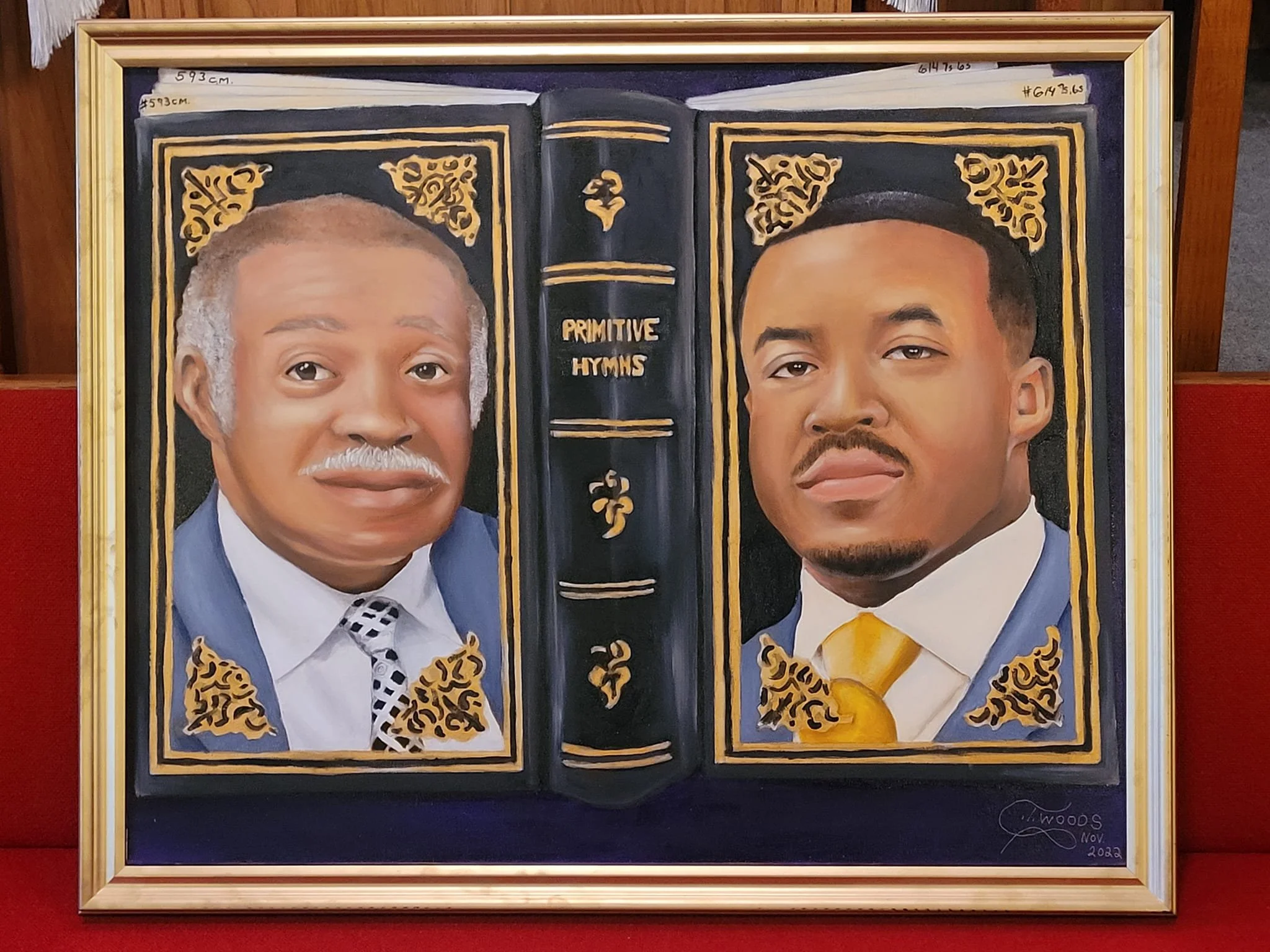 Painting of two men with portrait frames, titled 'Primitive Hymns,' signed 'J. Woods Nov. 2022'.