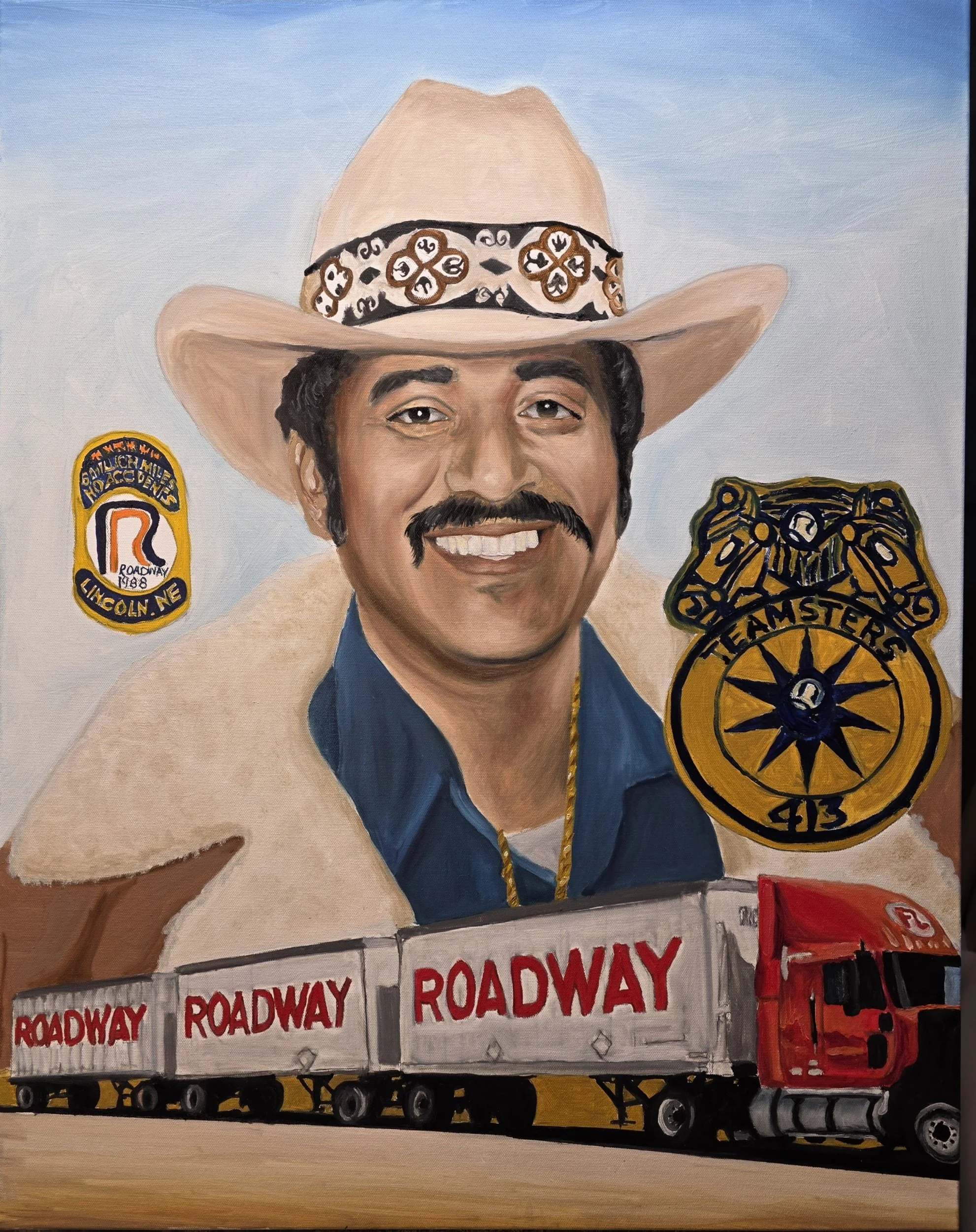 Painting of a man with a mustache and beard wearing a cowboy hat, a blue shirt, and a beige jacket. The background features road and highway signs, a badge with 