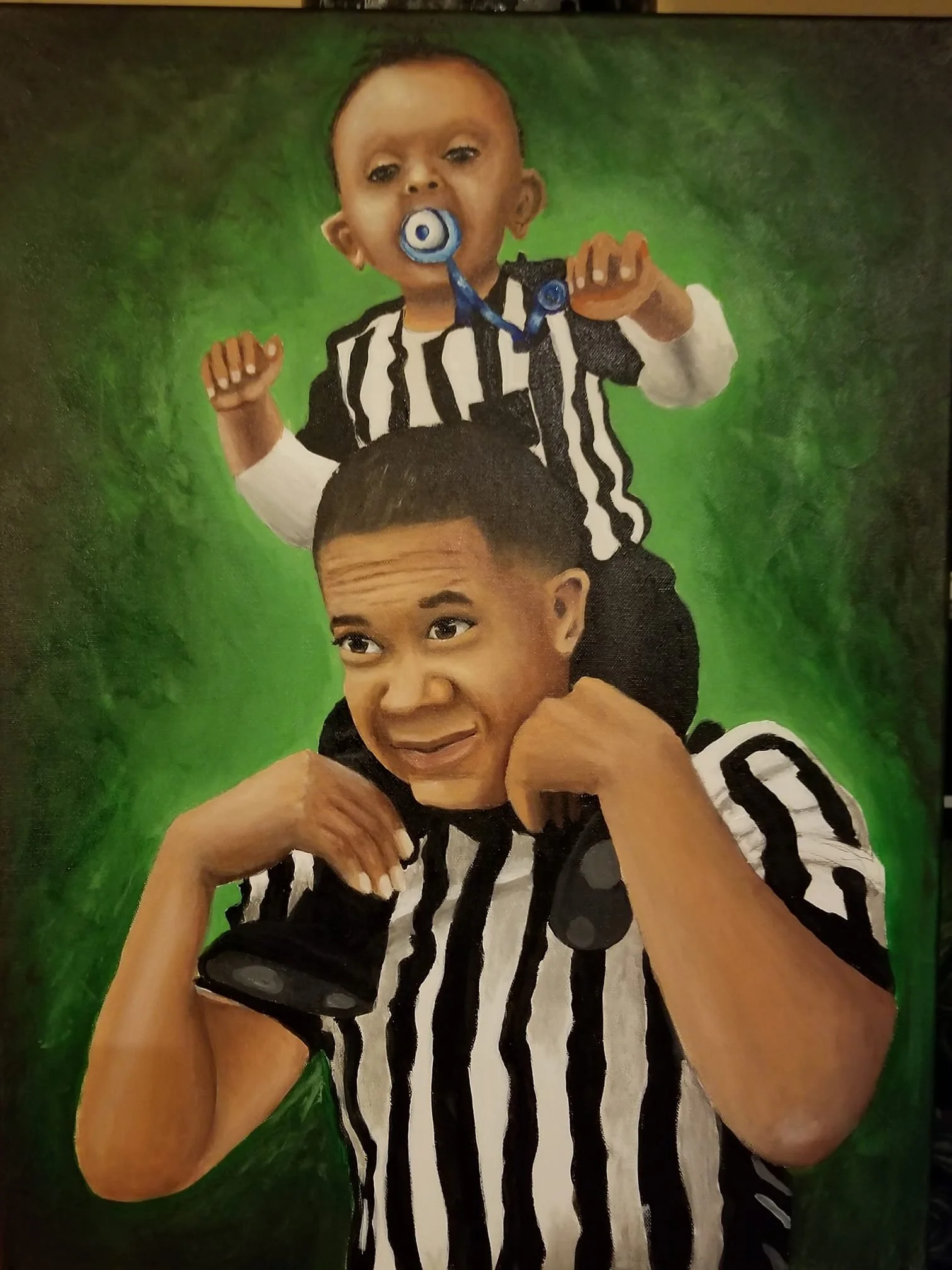 A painting of a young woman with black hair in a ponytail, wearing a black and white striped referee uniform, with a baby sitting on her shoulders. The baby is also wearing a referee uniform and has a pacifier in its mouth, holding a whistle. The bac