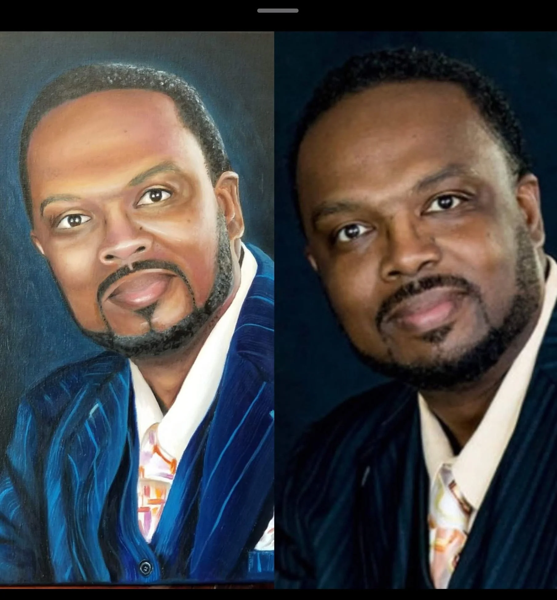 Comparison of a painted portrait on the left and a photograph on the right of a man with dark hair, beard, and mustache, wearing a dark pinstripe suit and white shirt, against a dark background.
