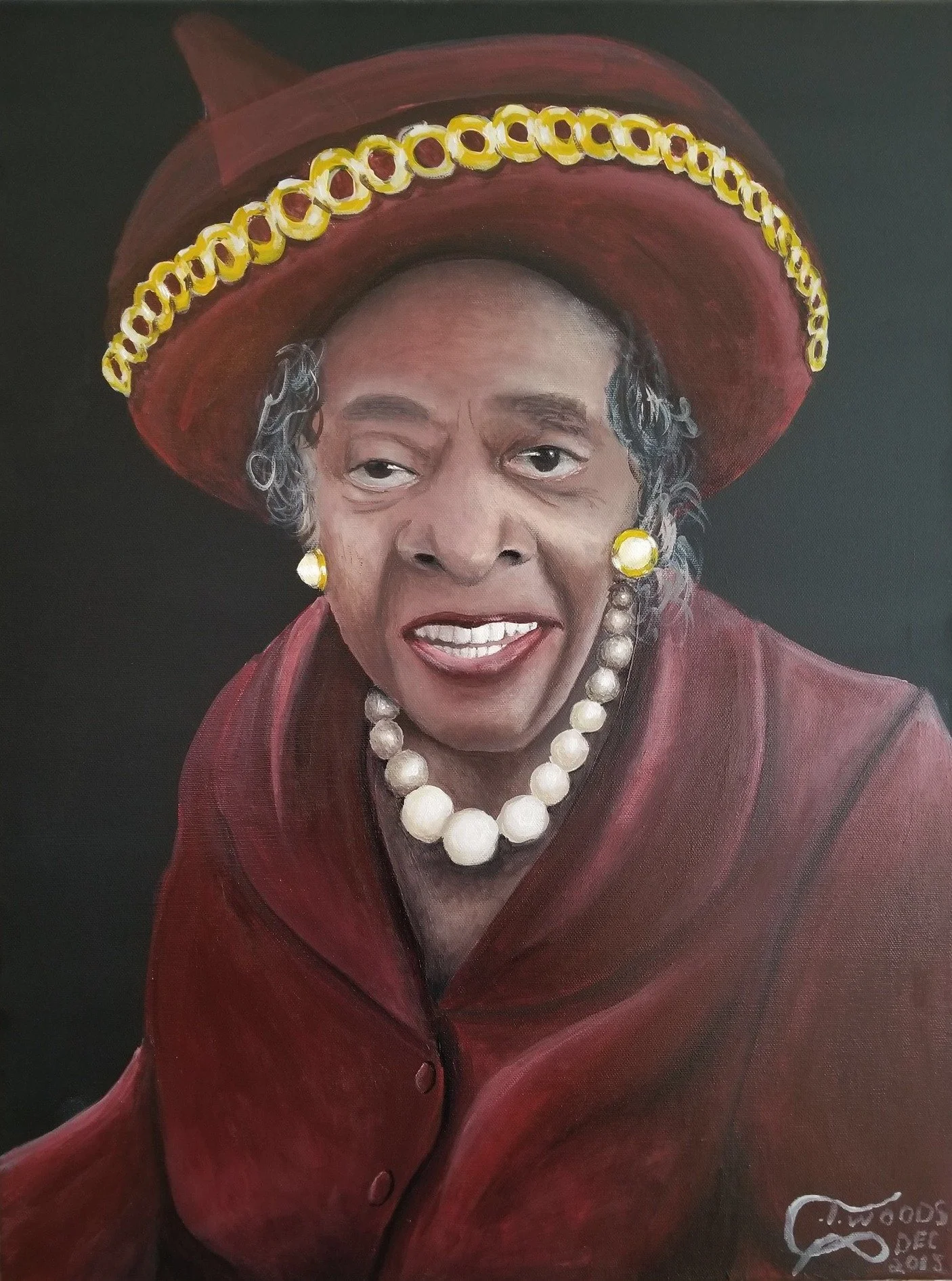 A colorful painting of an elderly woman wearing a red hat with a yellow band, large pearl necklace, matching earrings, and a red coat, with a dark background.
