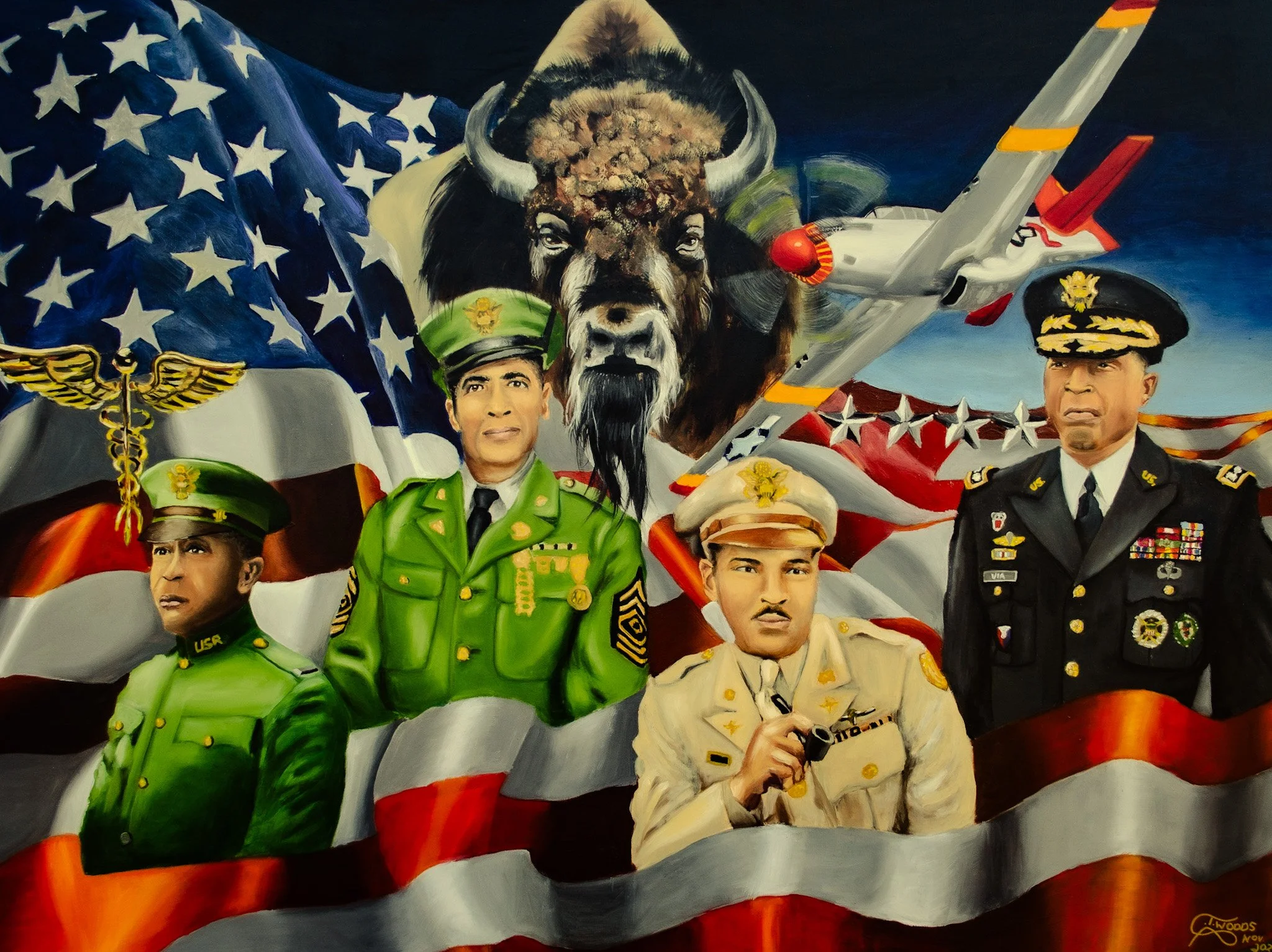 A patriotic painting featuring four American military officials, a lion with a buffalo's head, and an American flag, with a fighter jet flying above.