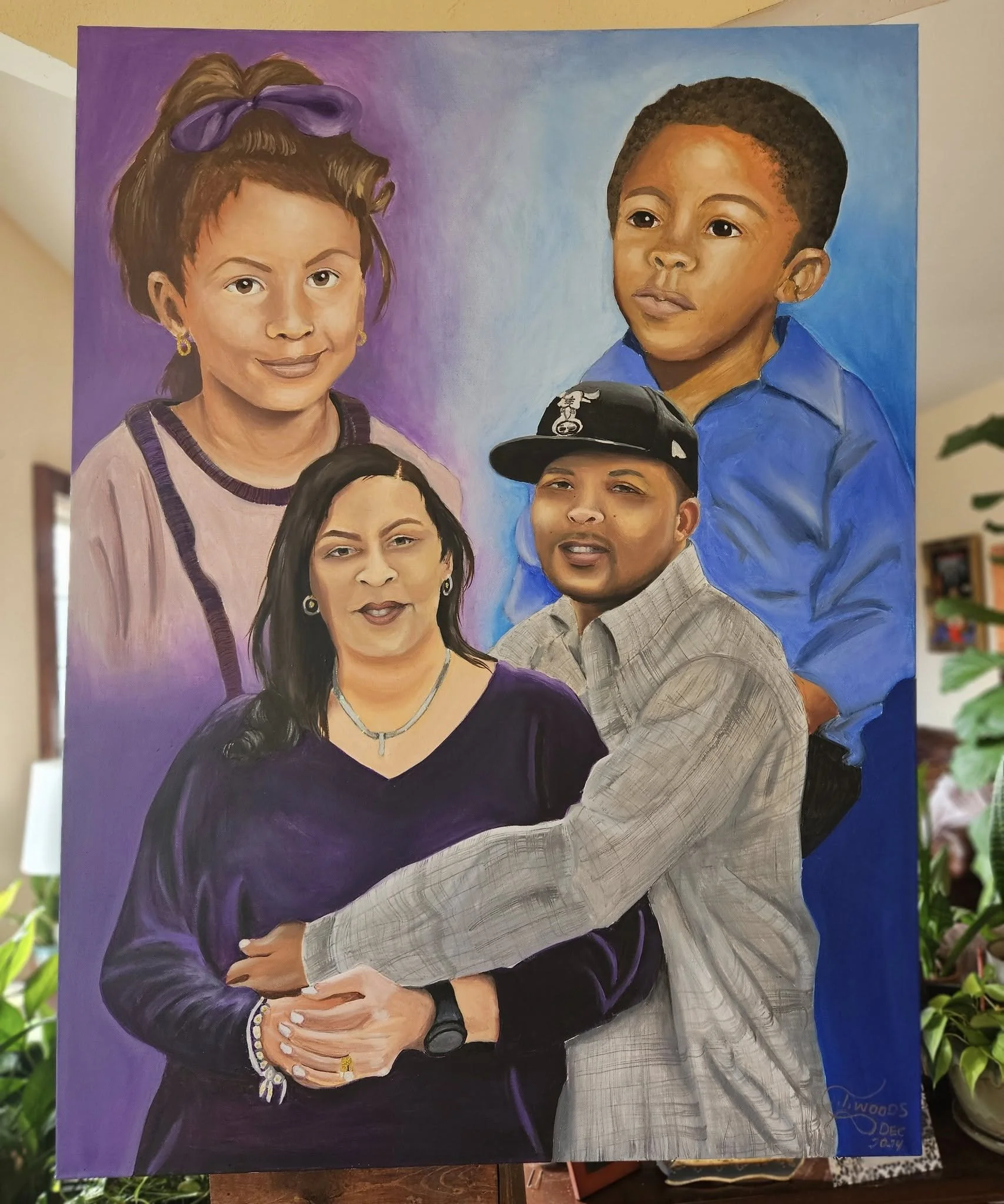A portrait painting of a family with four members, including two children and two adults. The background features a purple and blue gradient.