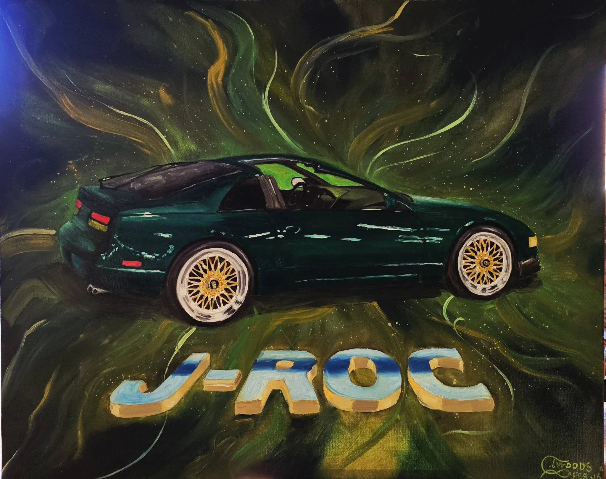 A painting of a dark green Porsche sports car with yellow wheels, set against a cosmic background with swirling green and yellow nebulae and stars. The word 'JAG' is painted in large, light blue and yellow letters at the bottom.