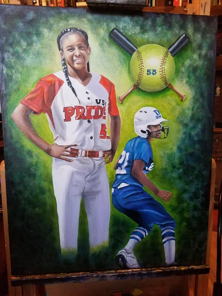 A painting of two young female softball players in uniform, one standing smiling in a white and red jersey, and the other crouching in a blue football uniform with a helmet, against a green background with baseball equipment, including a ball, bat, a