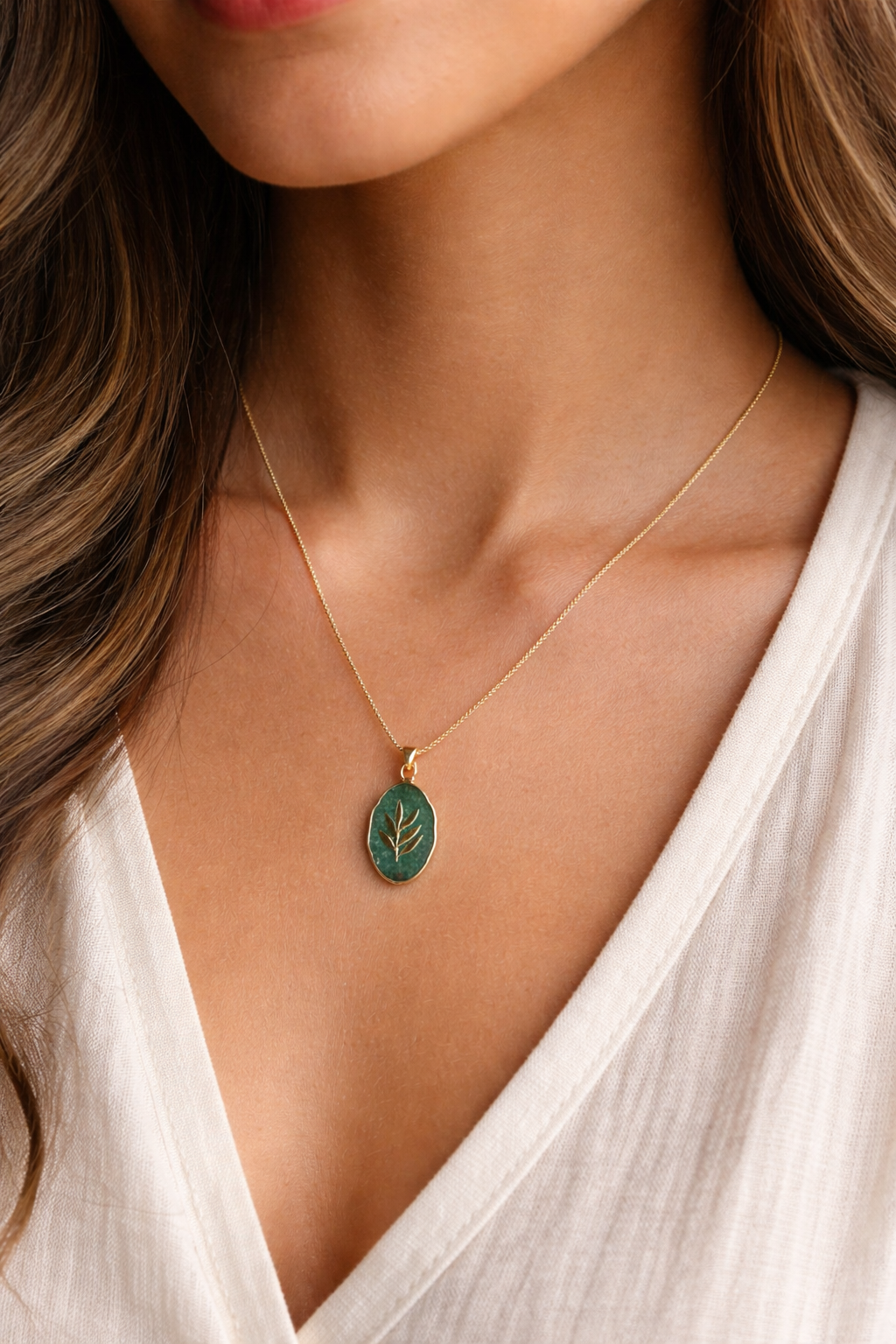 Hosanna gold necklace with green aventurine pendant, 18k gold filled minimalist box chain necklace for everyday wear