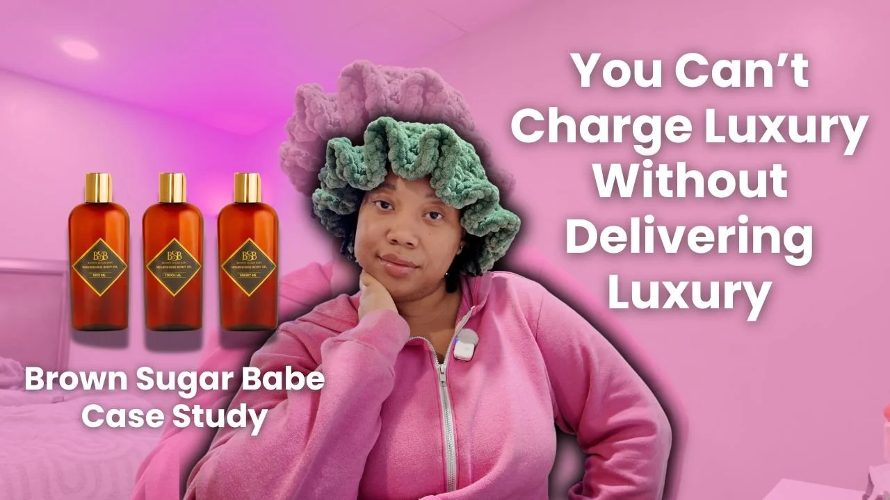 A woman with colorful, fluffy hair poses in front of a pink background with three brown bottles. Text on the image reads, "You Can't Charge Luxury Without Delivering Luxury" and "Brown Sugar Babe Case Study."