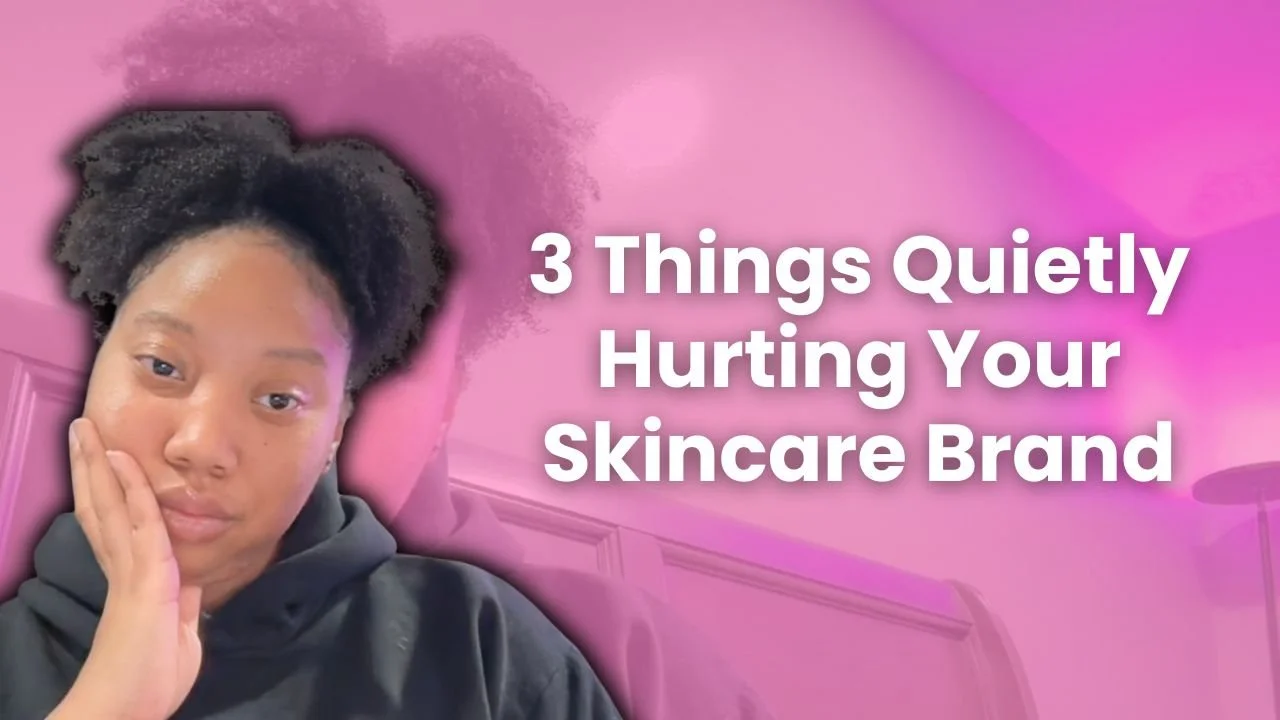 A woman with natural curly black hair resting her face on her hand, wearing a black hoodie, with a dual exposure effect and pink background, along with text that reads '3 Things Quietly Hurting Your Skincare Brand'.