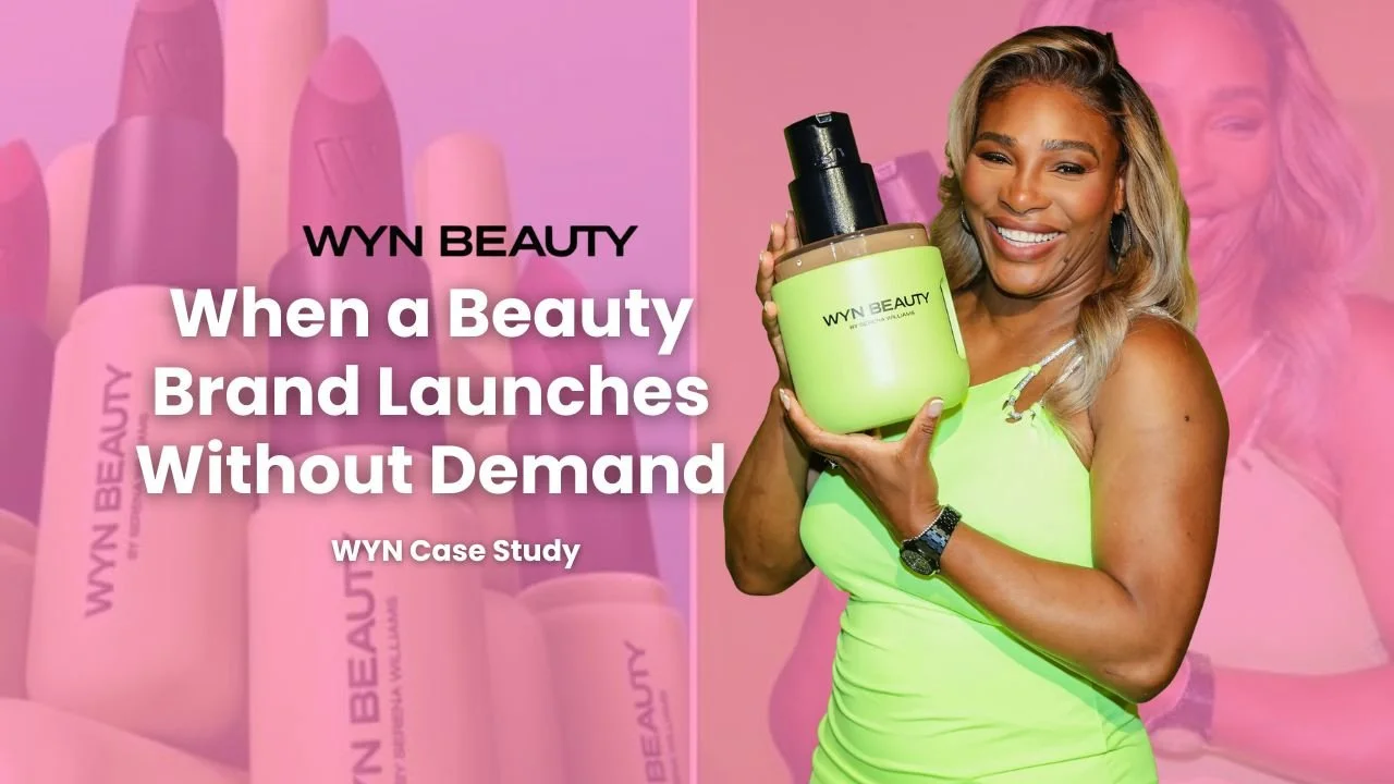 A woman with blonde hair wearing a neon green sleeveless dress smiling and holding a large green jar of WYN Beauty product in front of a pink background with images of beauty products. Text overlay reads "WYN Beauty: When a Beauty Brand Launches With